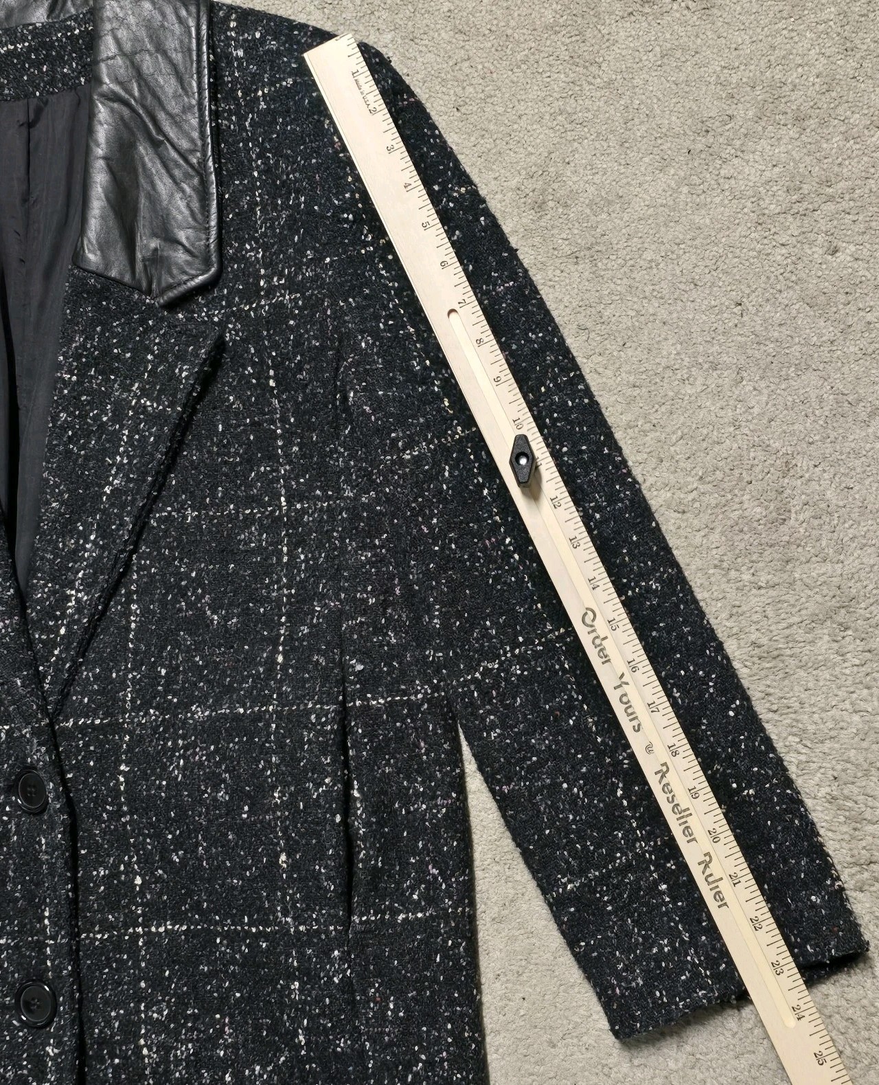 Vintage Coat 80s Long Oversized Black Tweed Blazer Jacket Leather Collar Sz 8