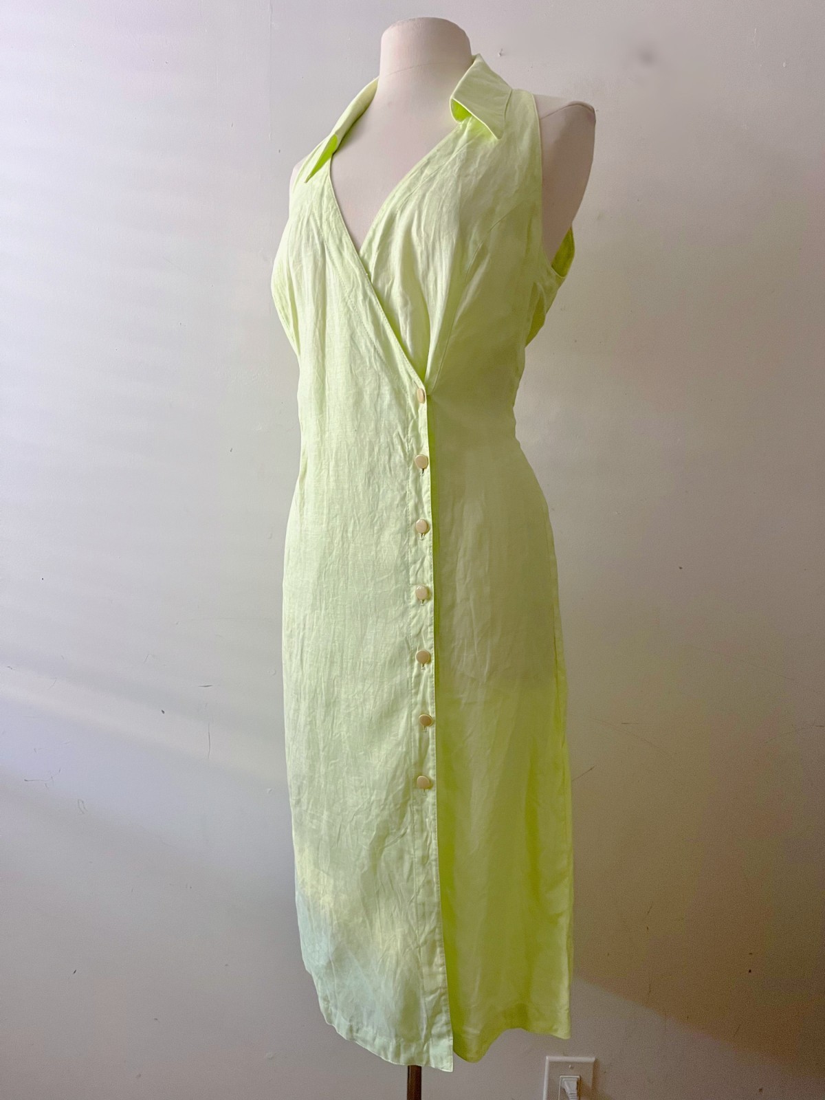 Escada Vintage 90s Chartreuse Linen Shirt Dress Quiet Luxury Designer