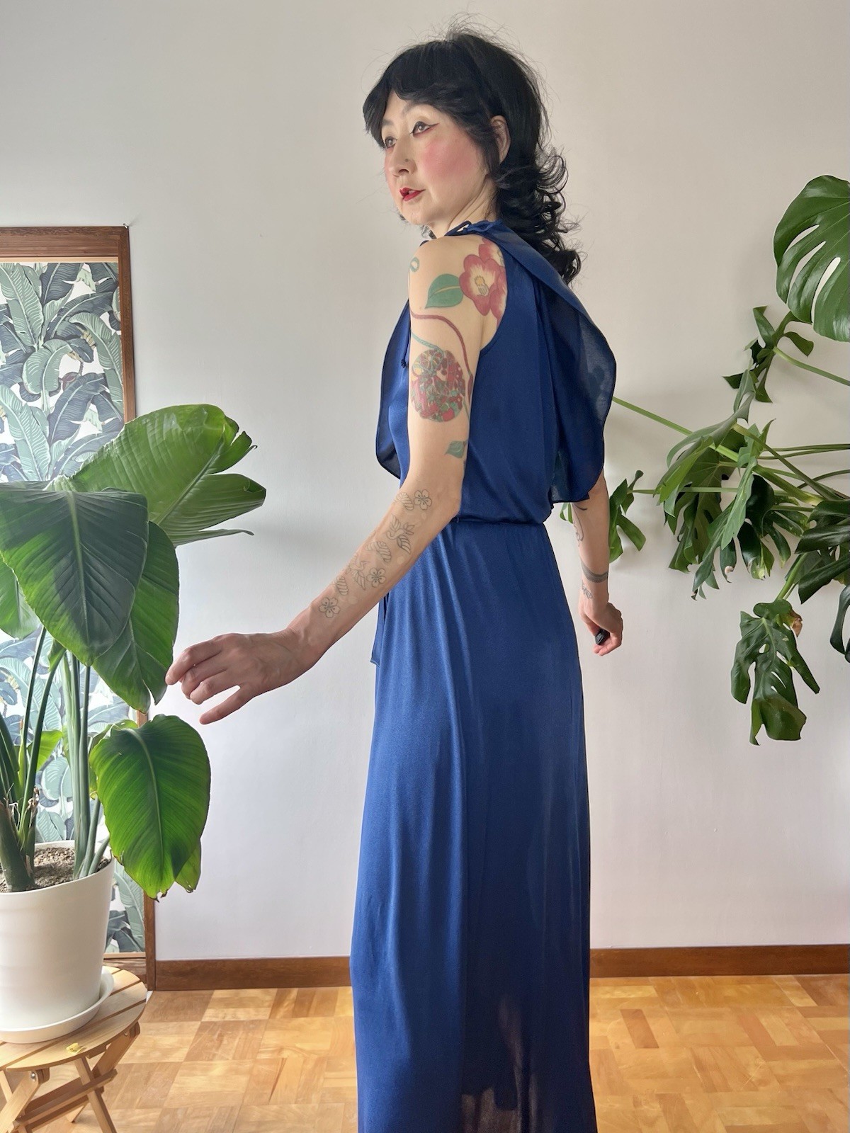 VTG 70s Disco Maxi Dress Airbrush Paint One Shoulder Gown S/M Studio 54 Dress