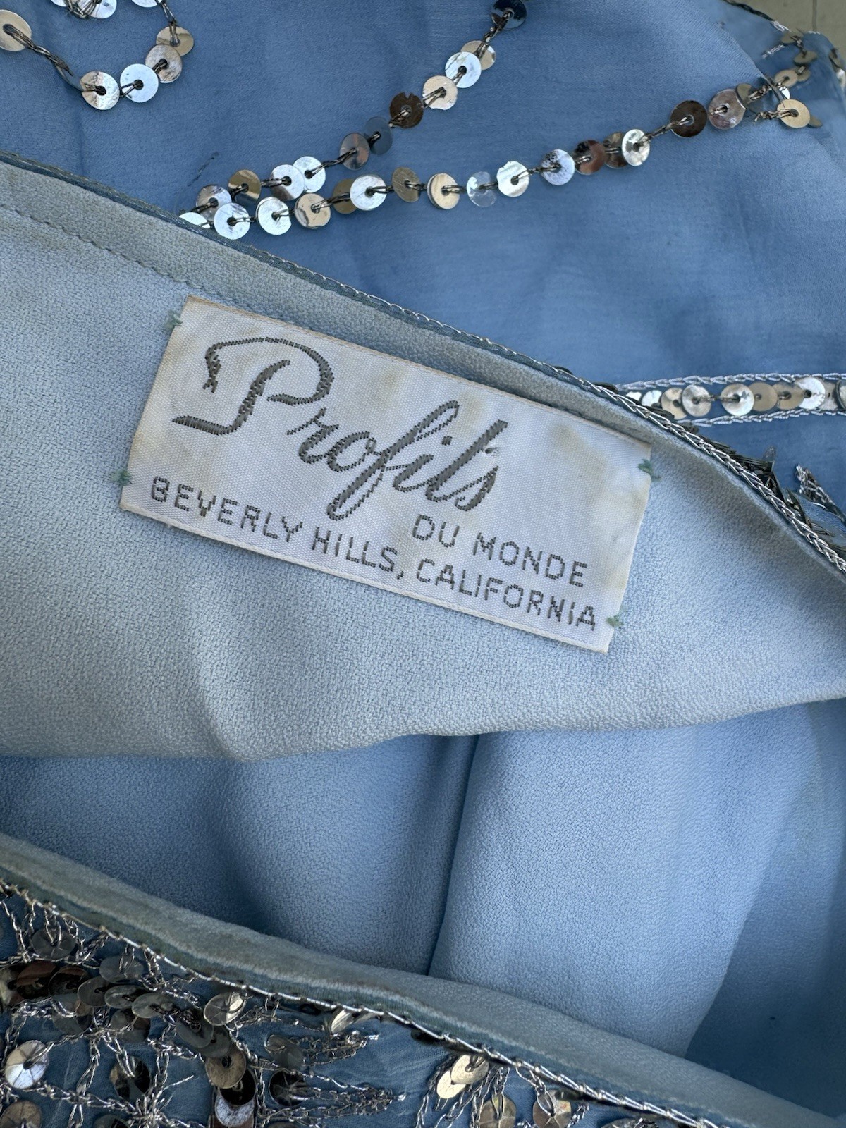 Vtg 60’s Profils Du Monde Beverly Hills Baby Blue Gown Silver Sequins Silk S