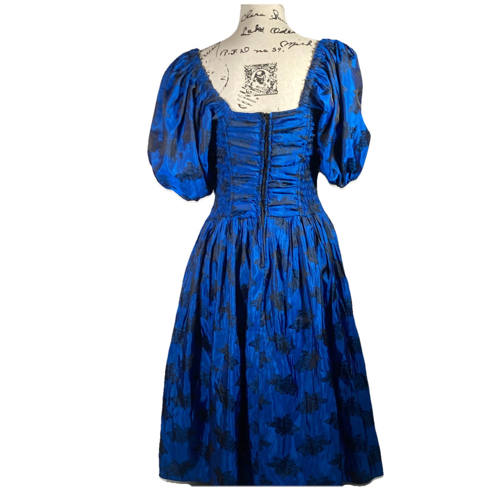 Vintage 80s Party Dress Cobalt Blue & Black Taffeta Jungle Mode Wortman Krenlin