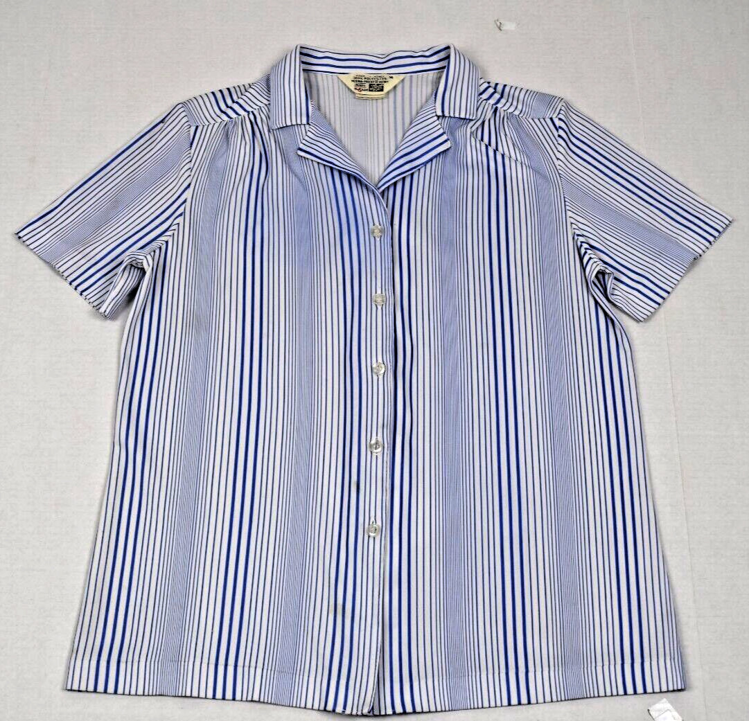 Vintage Sears Shirt Size S 70s The Fashion Place Blue Stripe Button Front Poly