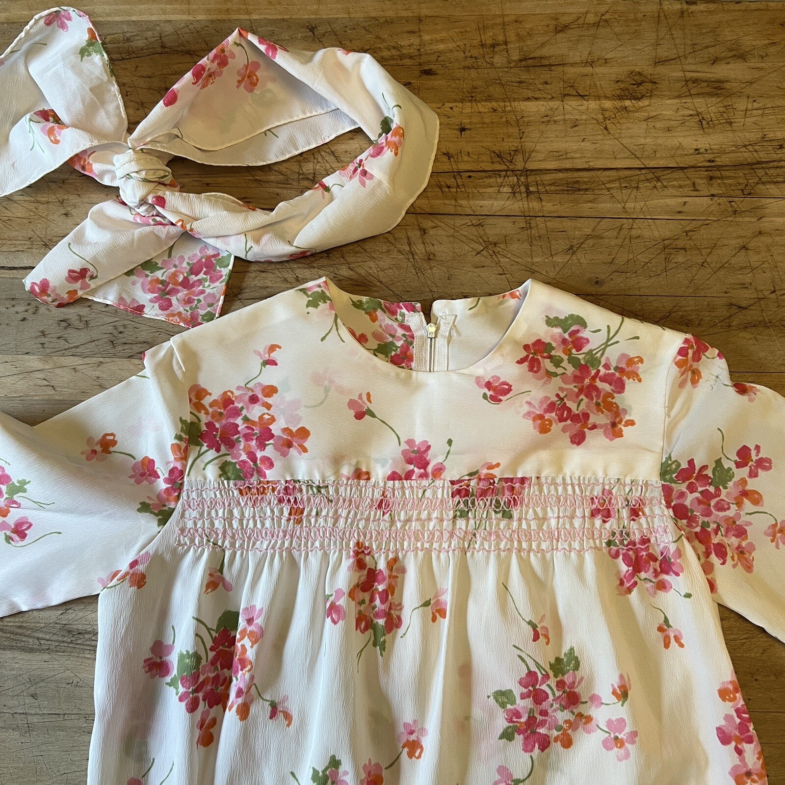 Vintage 60s 70s Pink Floral Kawaii Dress W/Matching Headband Cottagecore XS 0/ 2