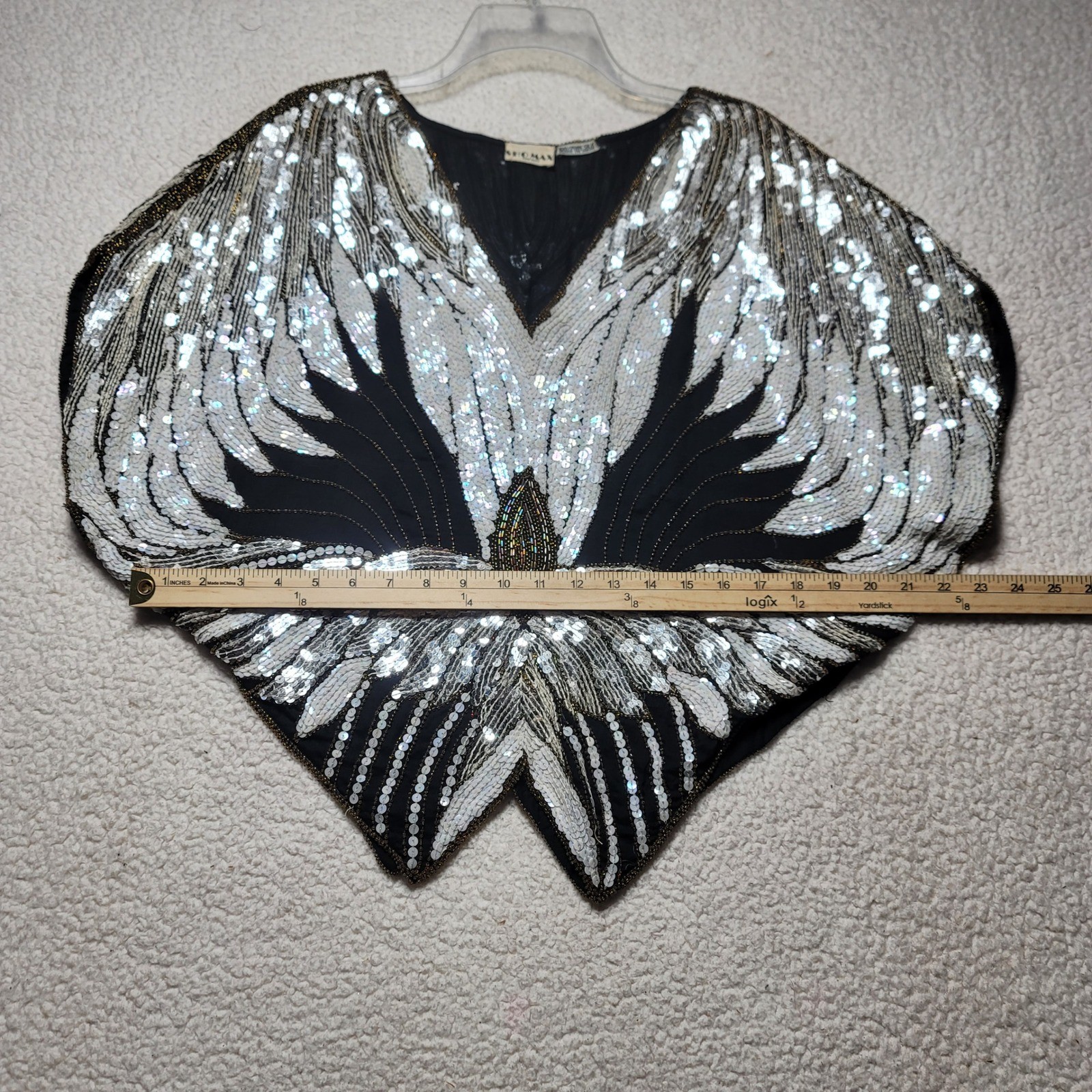 Sho-Max New York Vintage Silk Sequin Beaded Butterfly Top Art Deco Black White