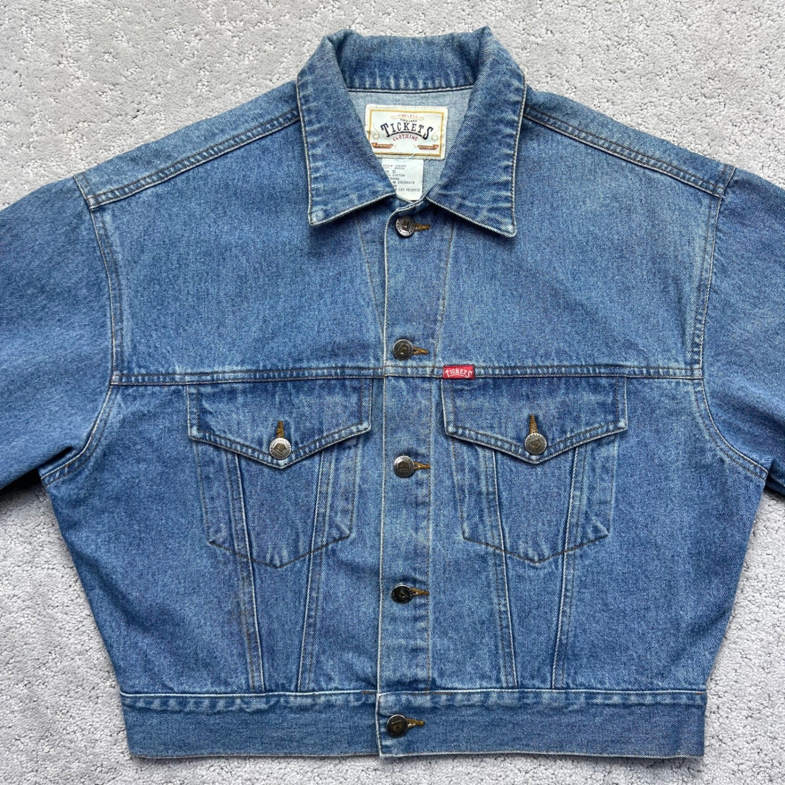 VINTAGE Tickets Clothing Denim Jacket Womens Small Blue Cropped Trucker Western