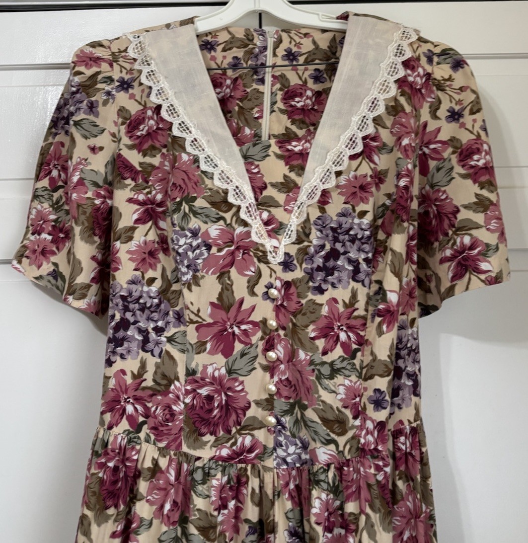 Vintage Floral Lace Collar Midi Dress~ Sz 12/14? Tea Garden Party COTTAGECORE