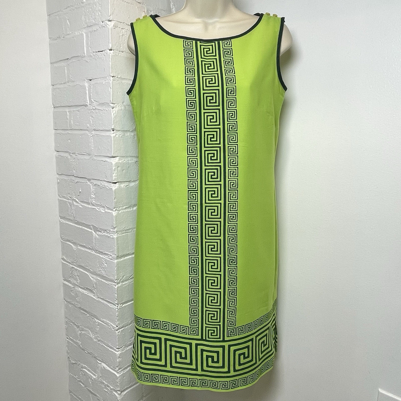 Vintage Alfred Shaheen Master Printer Lime Green Greek Key Shift Dress S