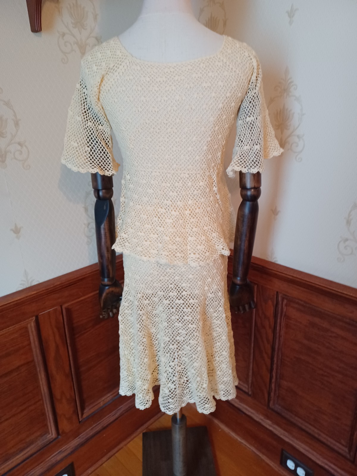 Vintage 1970s Boho/ Hippie/ Beach Wedding Ivory 2-piece Handmade Crochet Dress