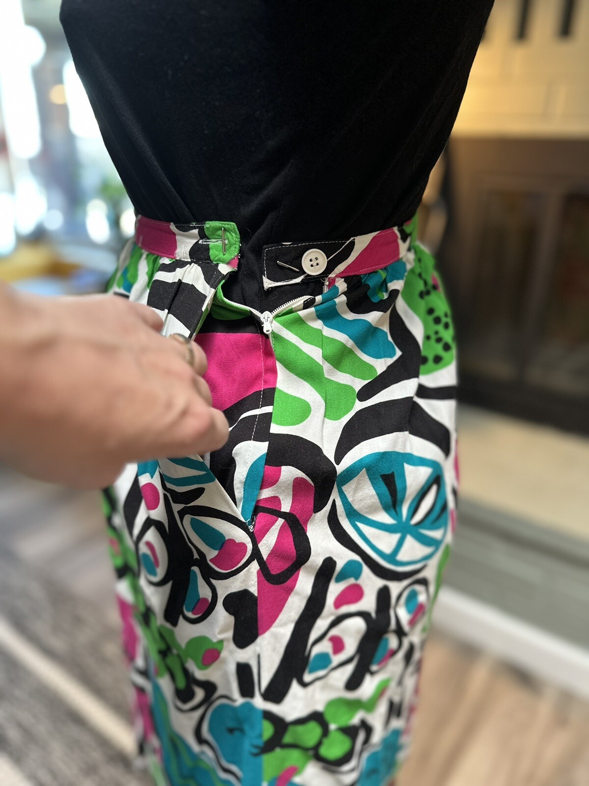 80s VTG Midi Skirt Colorful Pop Art Fruit Print Citrus S Pink Green Blue