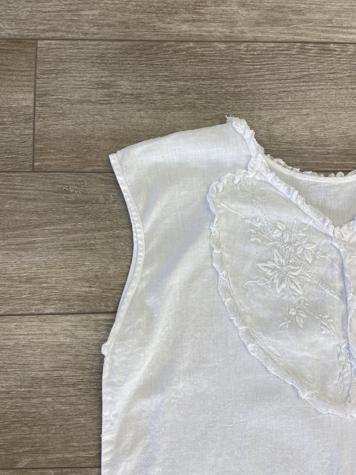 Antique Edwardian White Cotton Slip Dress or Night Gown Embroidery and Lace Trim