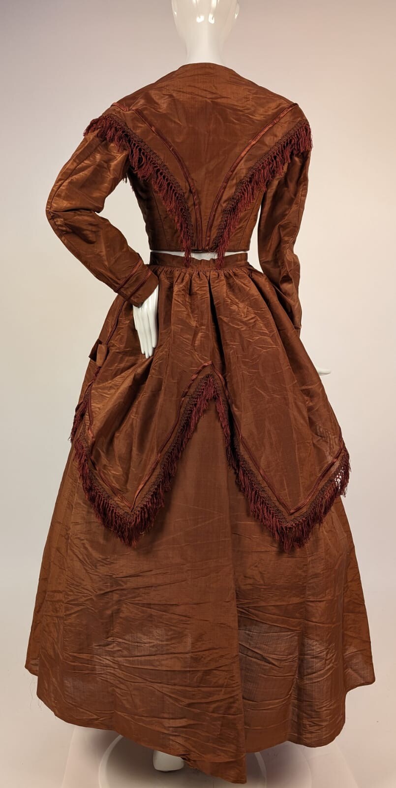 POST CIVIL WAR LATE 1860’S 3 PC BROWN SHINING SILK DRESS W FRINGE
