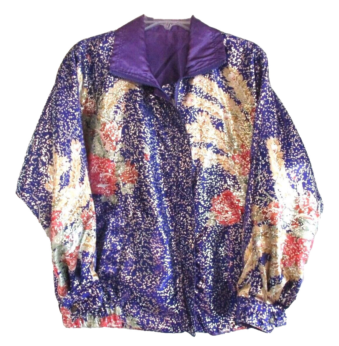 Vintage Purple Satin Jacket Womens Silver Floral Olympic Seoul one size 1980s