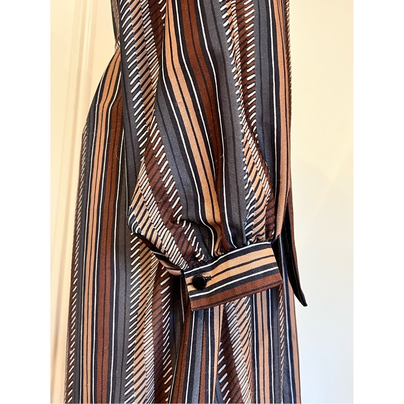Vintage 70s Secretary Dress Brown Stripe Bow Scarf Neck Belted Blouson