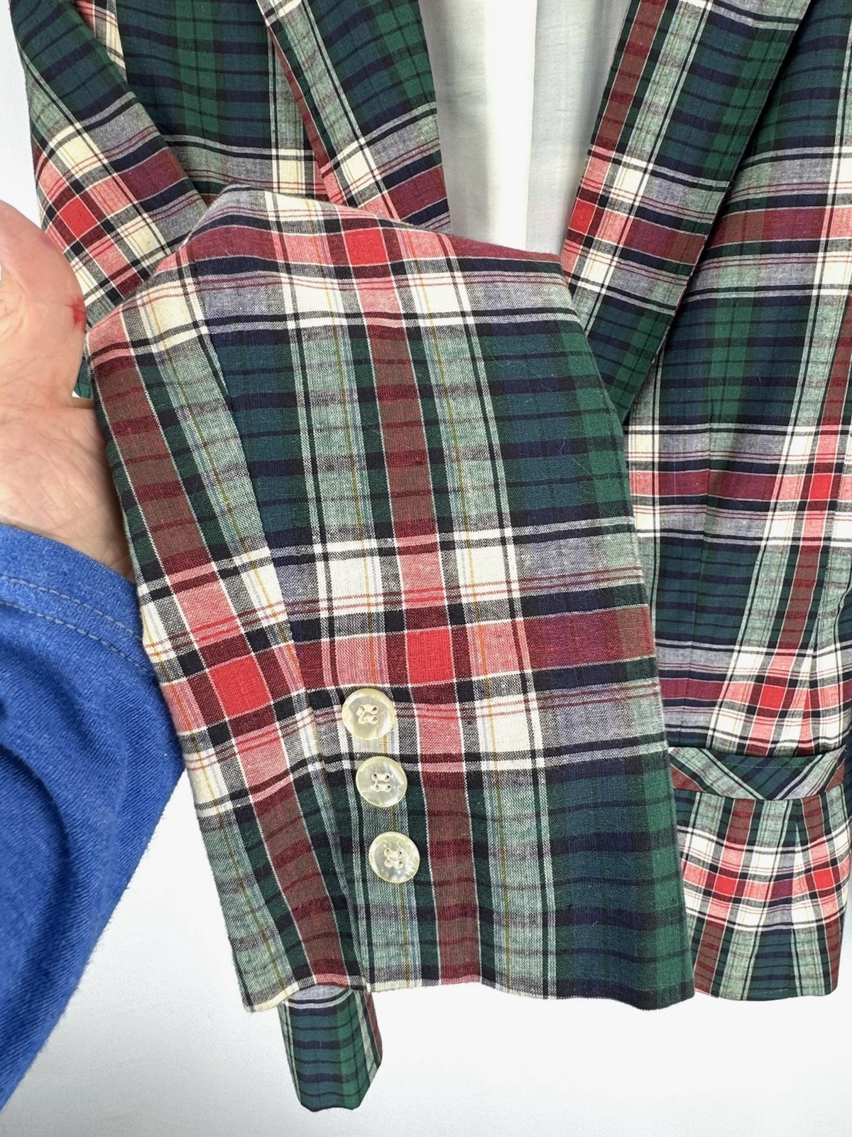 Vintage 70s 80s Blazer Jacket Green Red Plaid Tartan Cotton 15/16 Medium Pockets