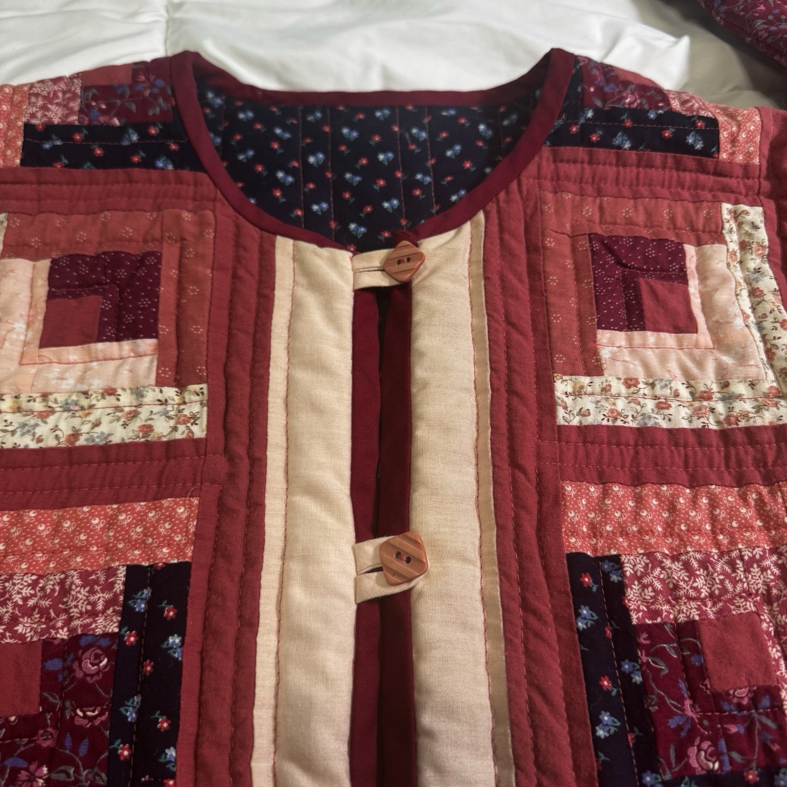 VTG 70s Handmade Patchwork Jacket L Quilted Boho Hippie Log Cabin Mauve & Navy