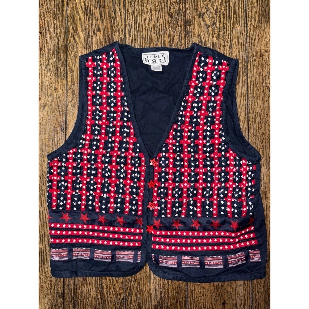 Vintage KEREN HART Size L 100% Cotton Vest Button Down Stars and Stripes Quilt