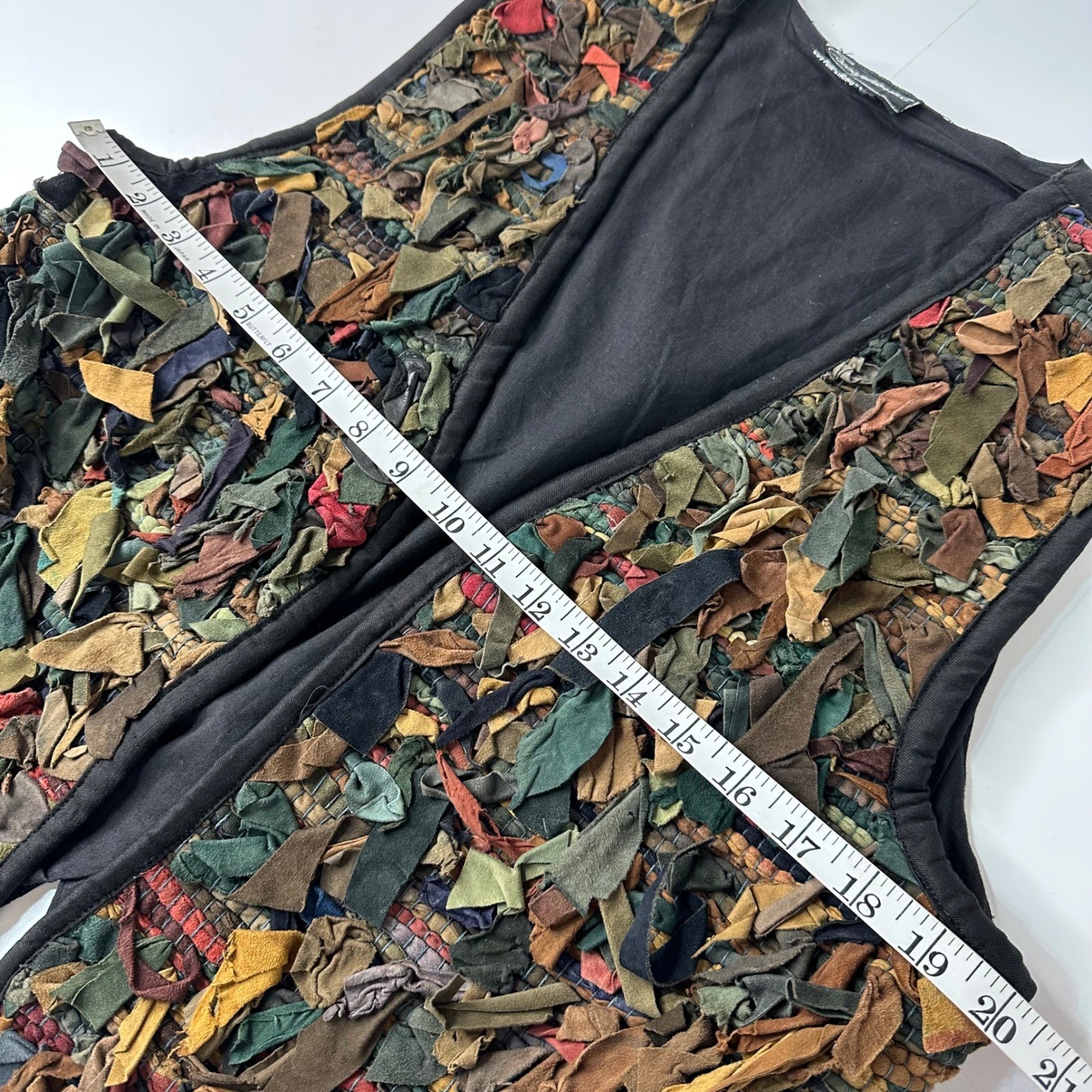 Vtg Exceptional Leather Scrap Vest Multicolor Black Boho Artwear Rag Rug Sz L