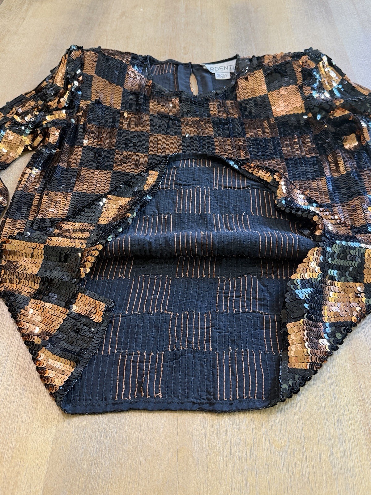 Vintage Silk Black Gold Copper Checkerboard Sequin Blouse Argenti Notte Medium