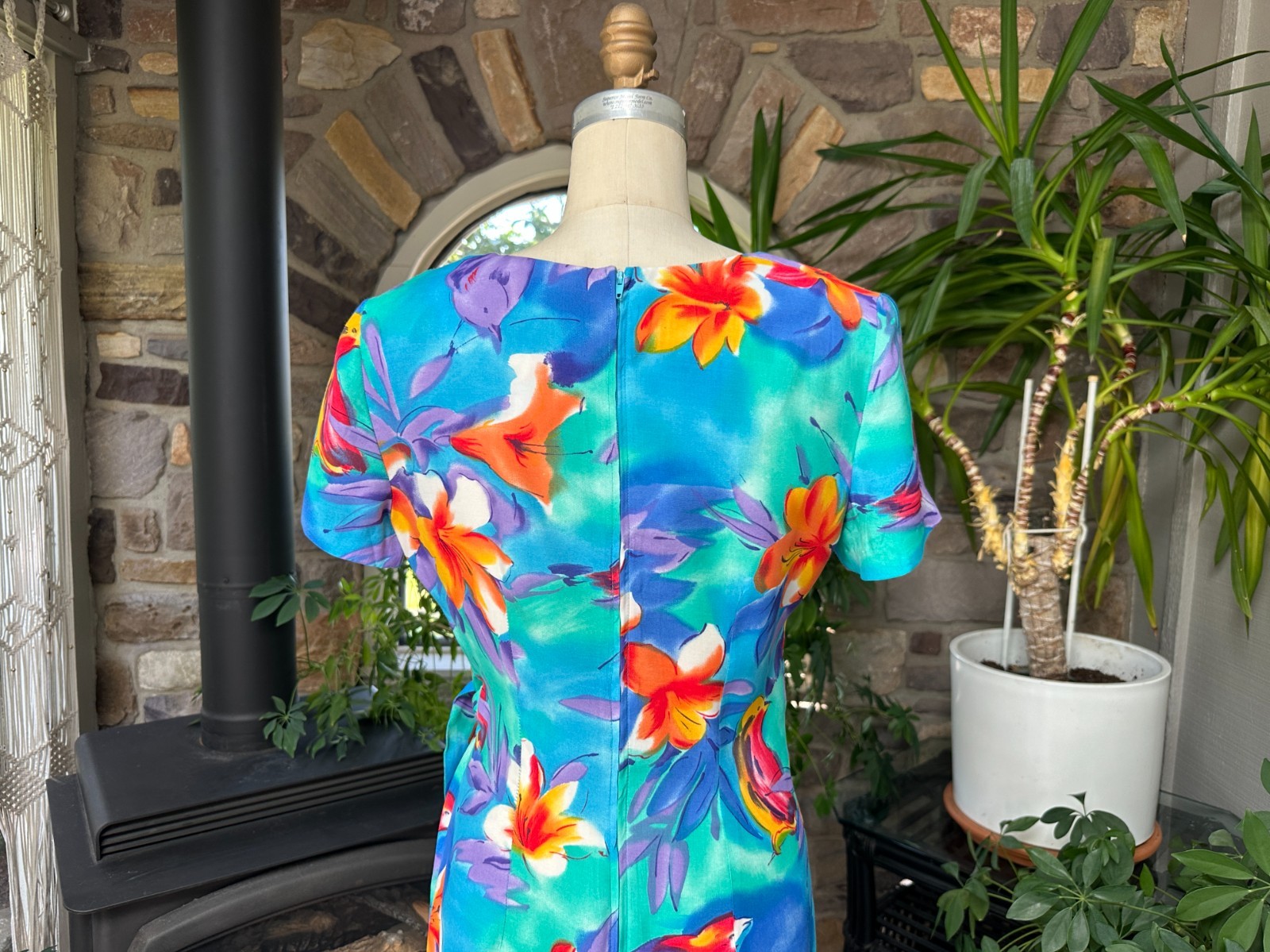 Vintage 1990s Blue and Orange Rayon Floral Sarong Style Dress K C Spencer