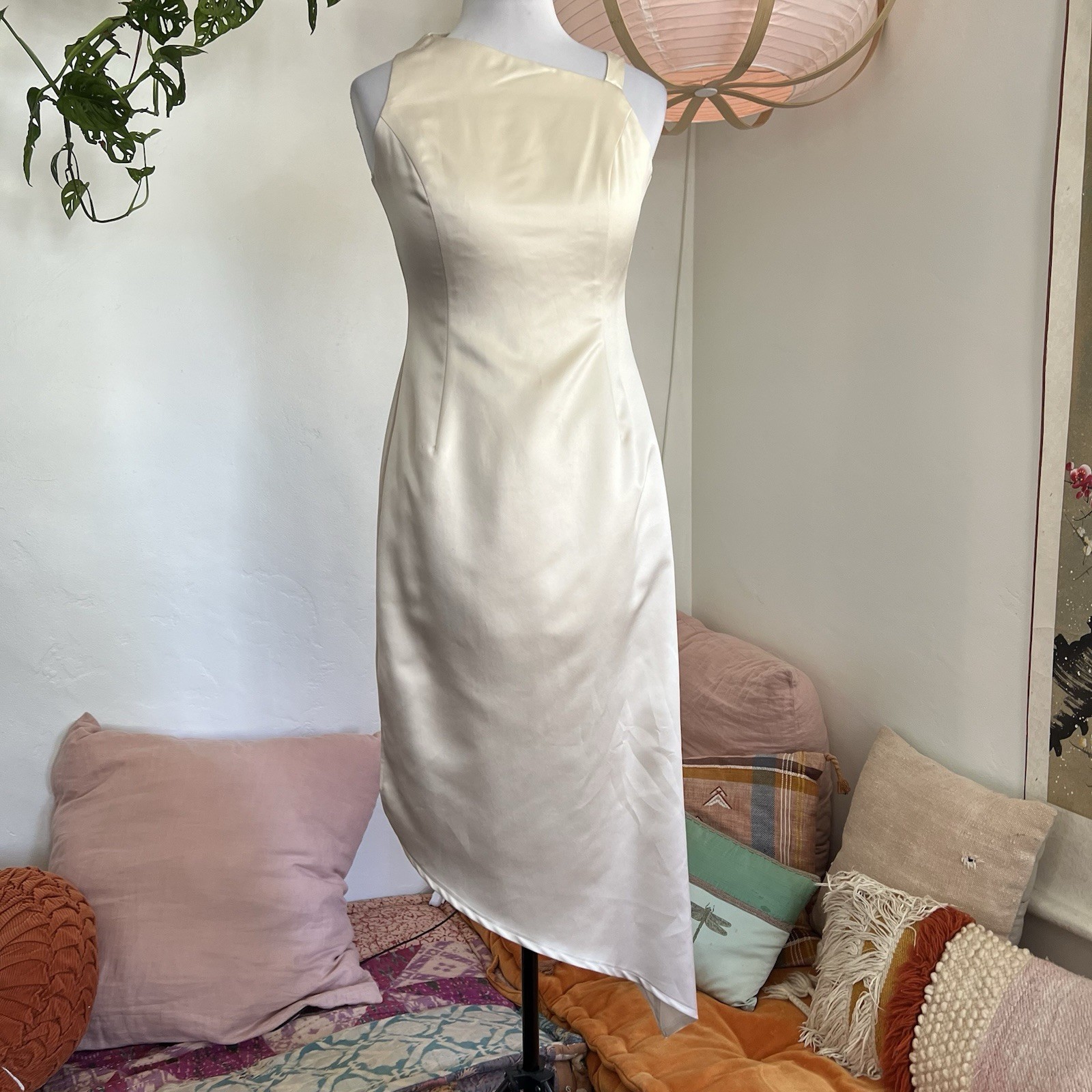 Vintage 90s Arianna by Rachel Kaye Cream Satin Asymmetrical Prom Dress Size 6 S