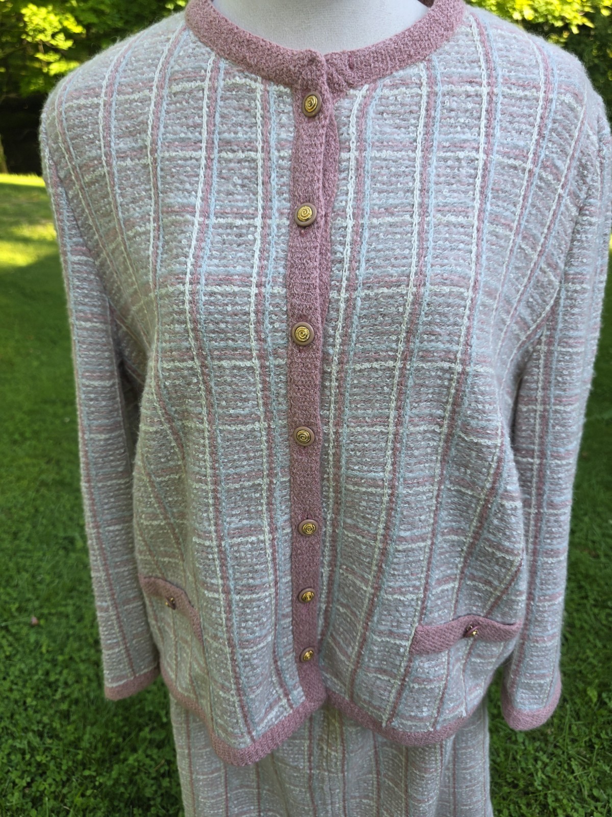 Vtg Castleberry Knits Skirt Suit Set Boucle Tweed Pink Cream Plaid Plus Mohair