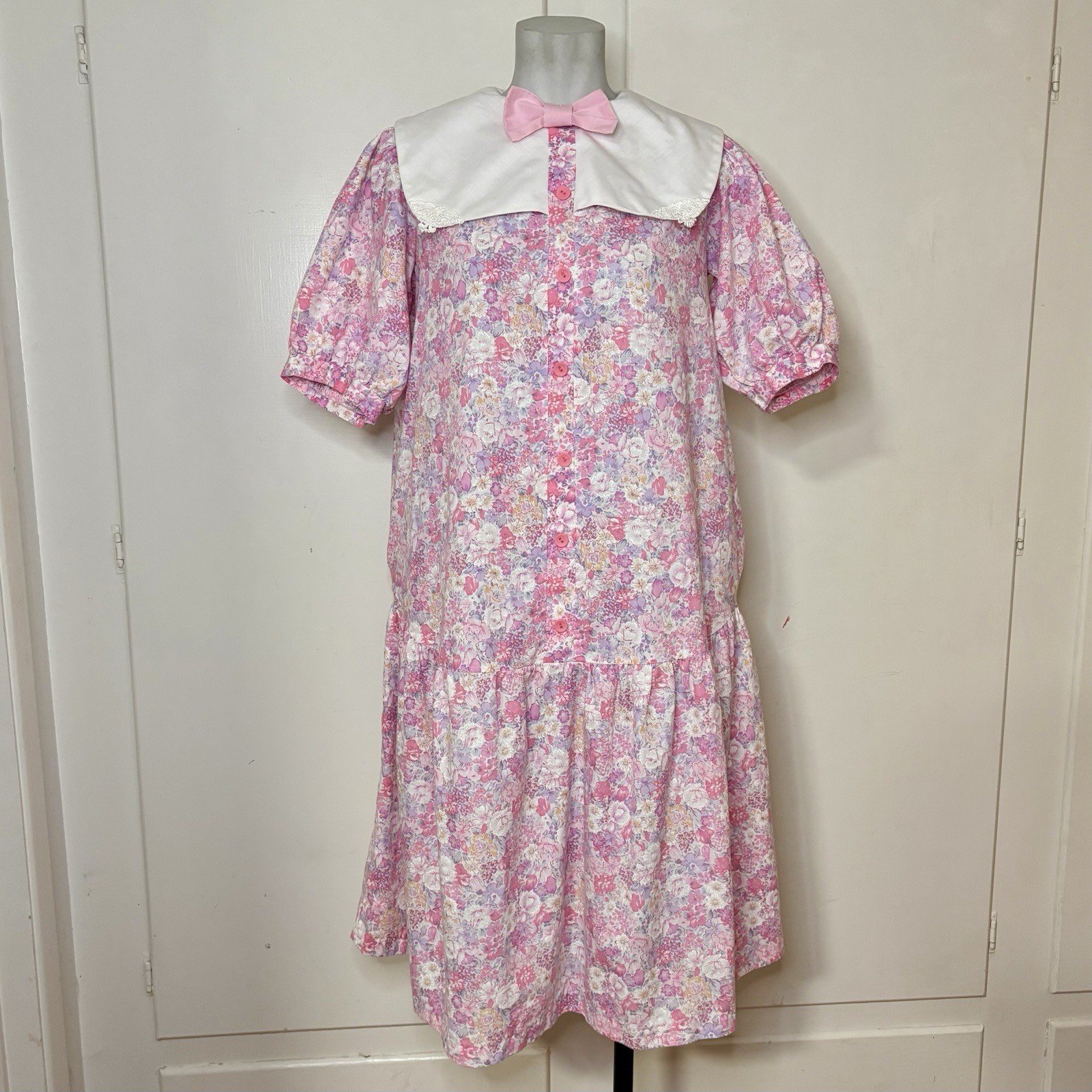 Vintage 80s Take Nine Maternity Pink Floral Print Cottagecore Collared Dress