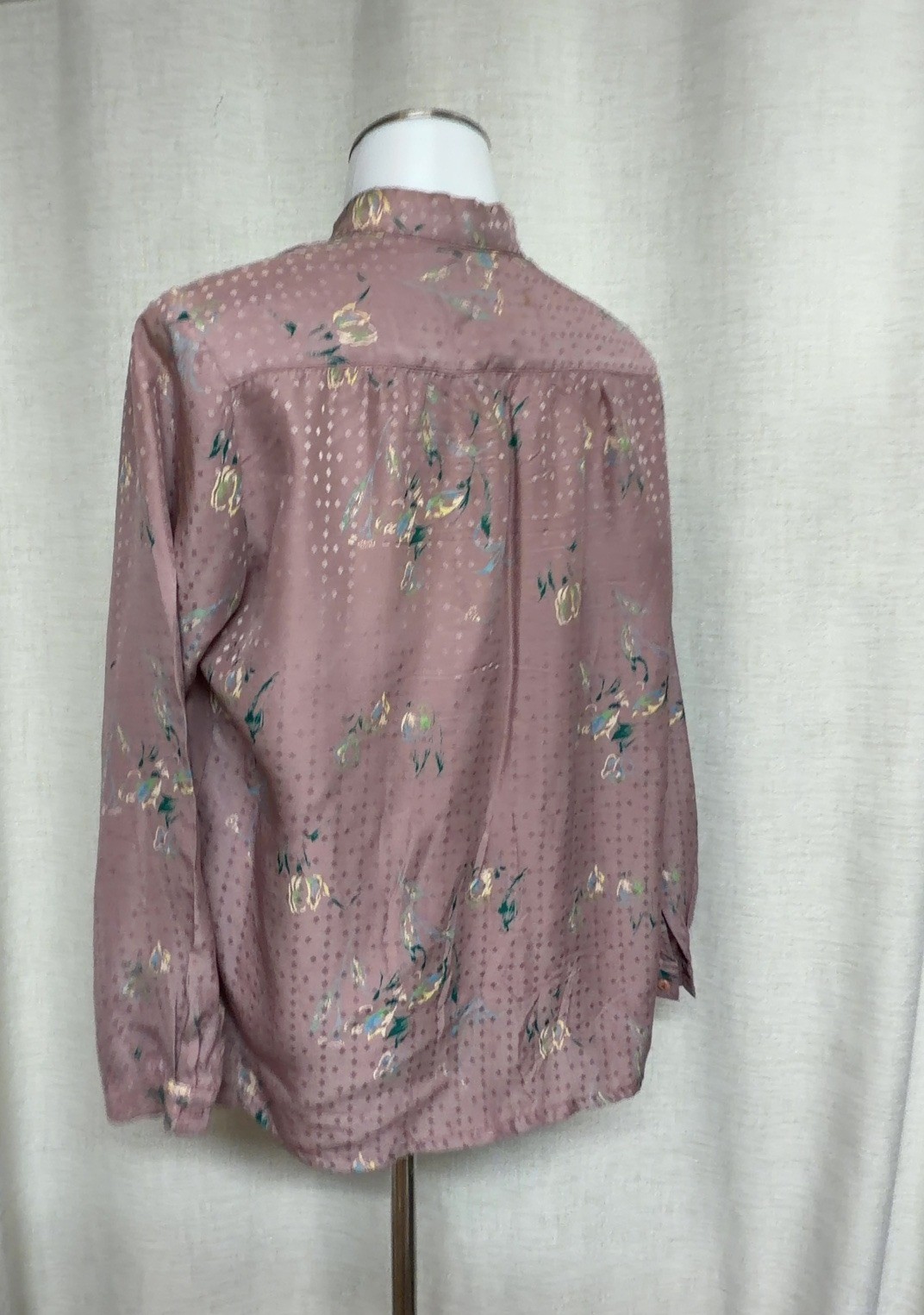 VINTAGE Mauve Floral Blouse top Tie Neck Long Sleeve Jacquard Shirt Sz L RC