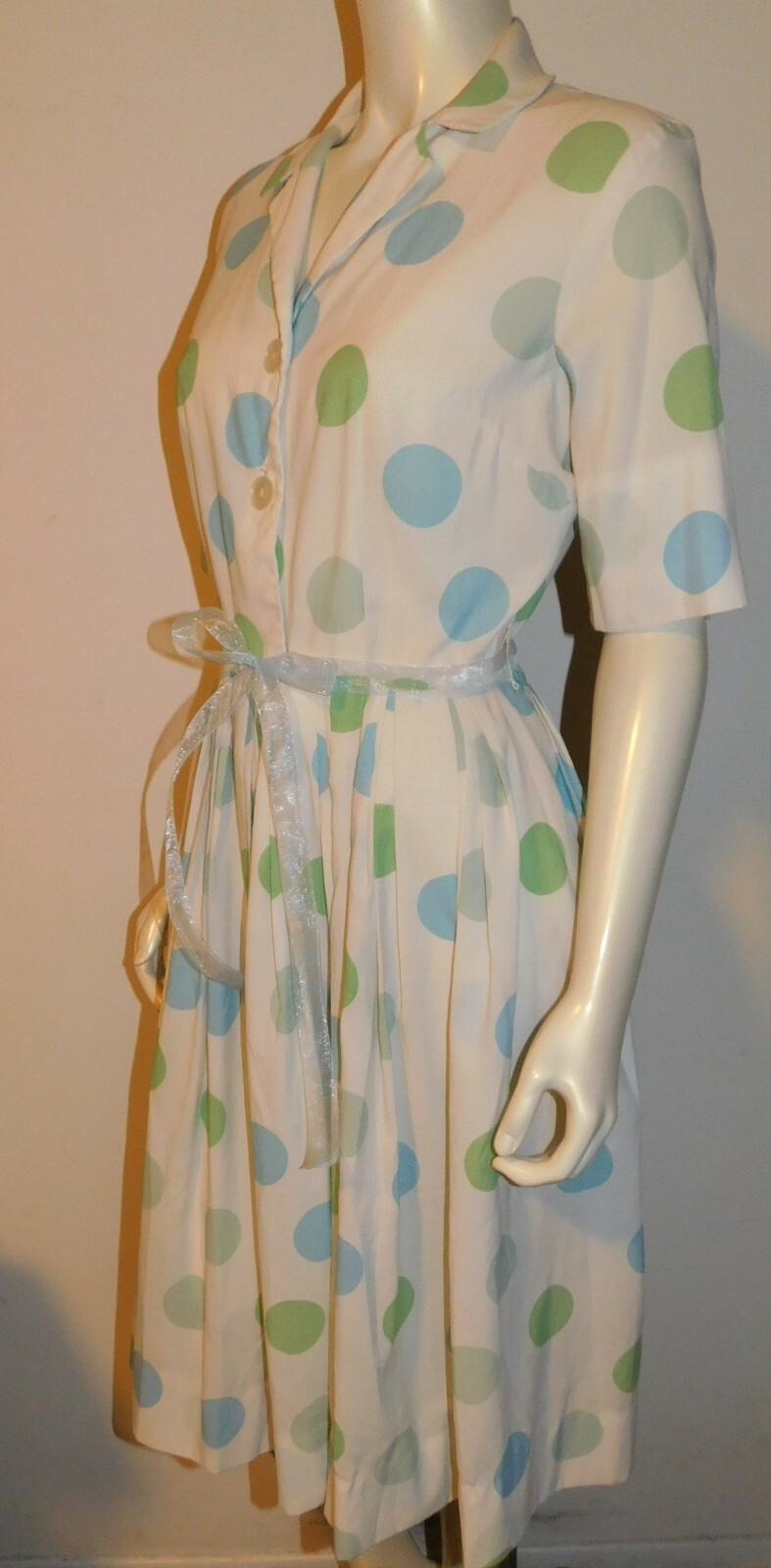 Polka Dot Vintage Dress 8 10 12 Fitted Blue Green SS Pleated Full Skirt Button