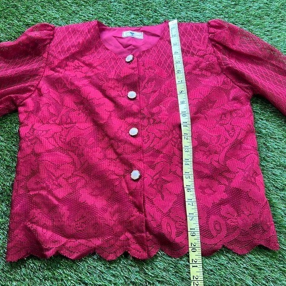 VTG 70’s Five Cherry blouse Red Gold buttons shoulder pads granny core