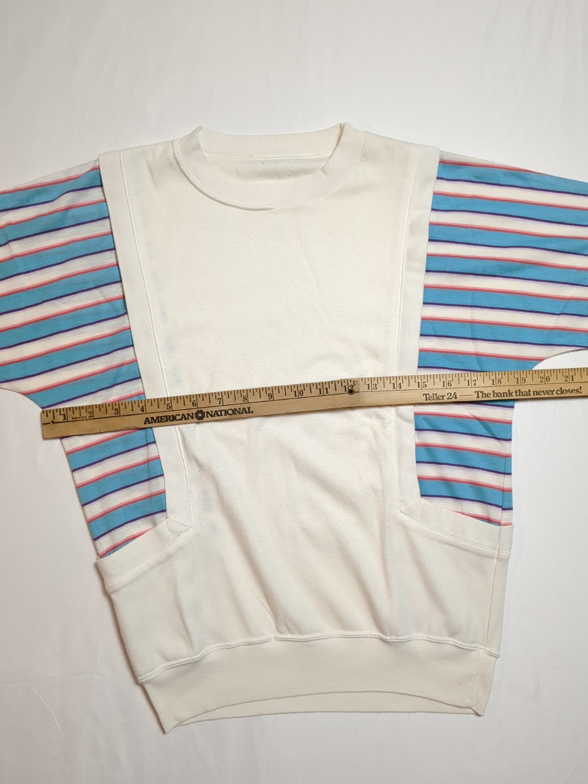 Vintage 1980’s Tshirt Women’s White striped Short Sleeve front pockets new wave