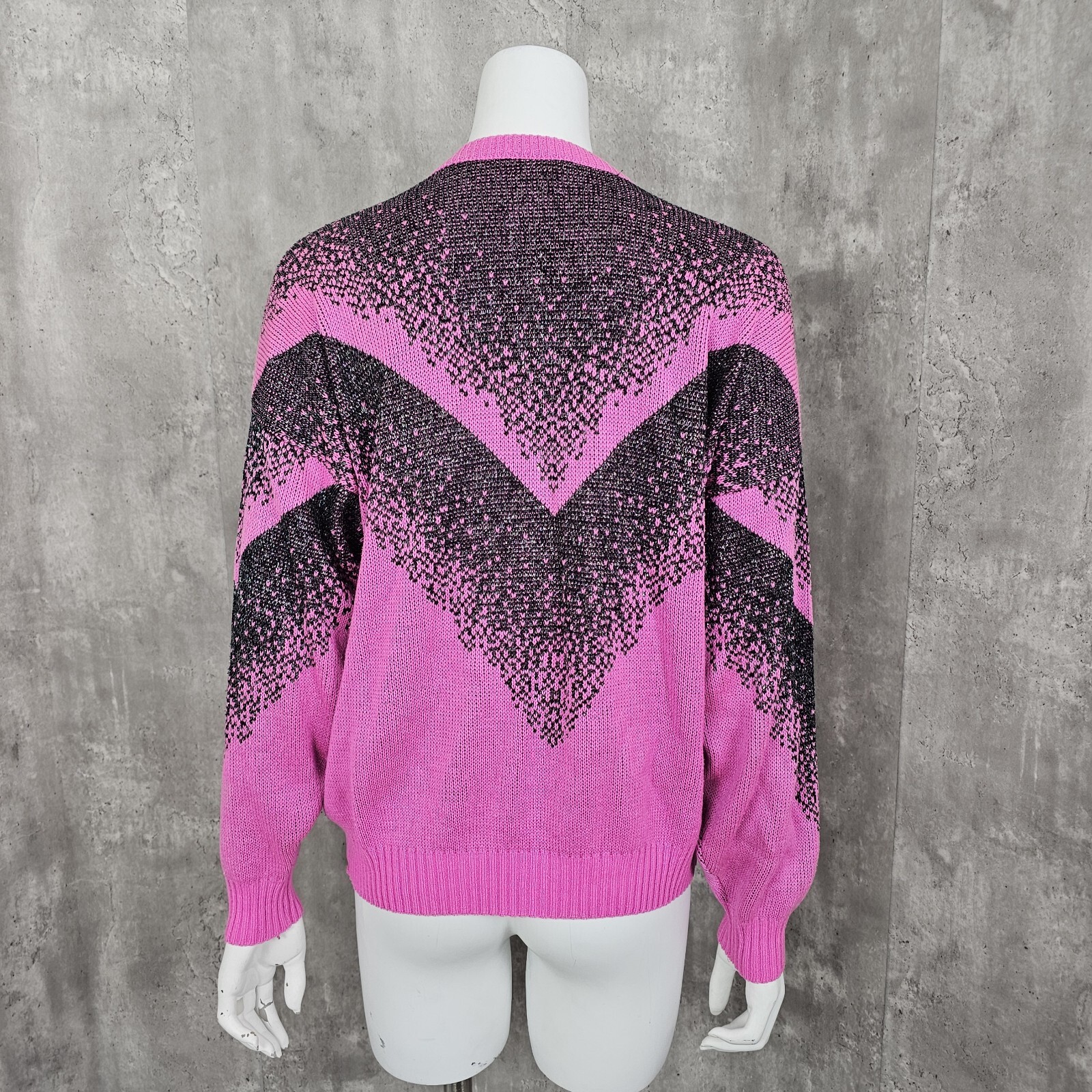 Vintage 80s 90s Metallic Black Hot Pink Polyacry Knit Pullover Sweater Glam