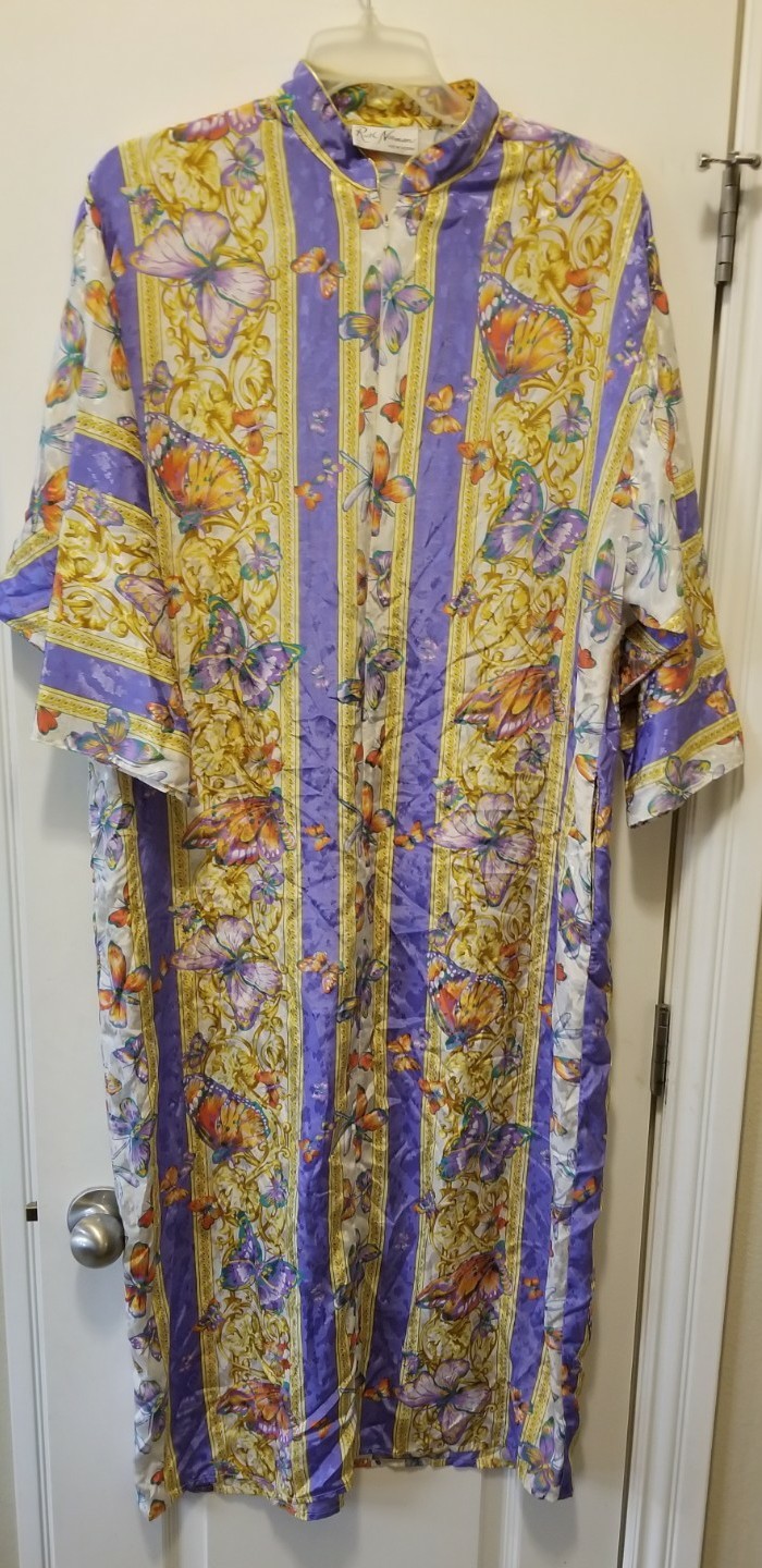 Vintage Ruth Norman New York Caftan Housecoat Dress Pullover Floral Butterfly L