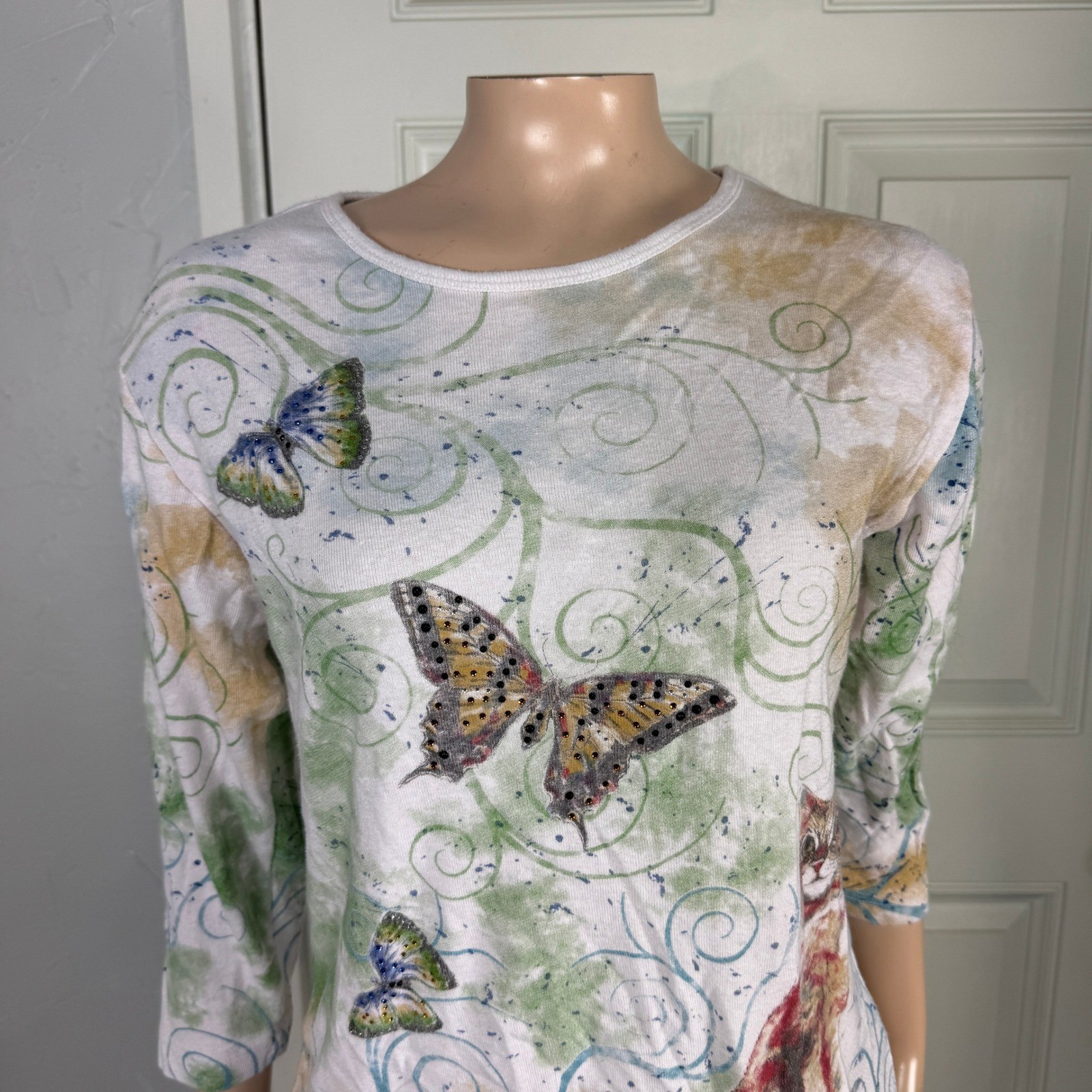 Vintage Y2K Shirt Endless Designs Cotton Baby Tee Knit Small Cat Butterfly F3-17