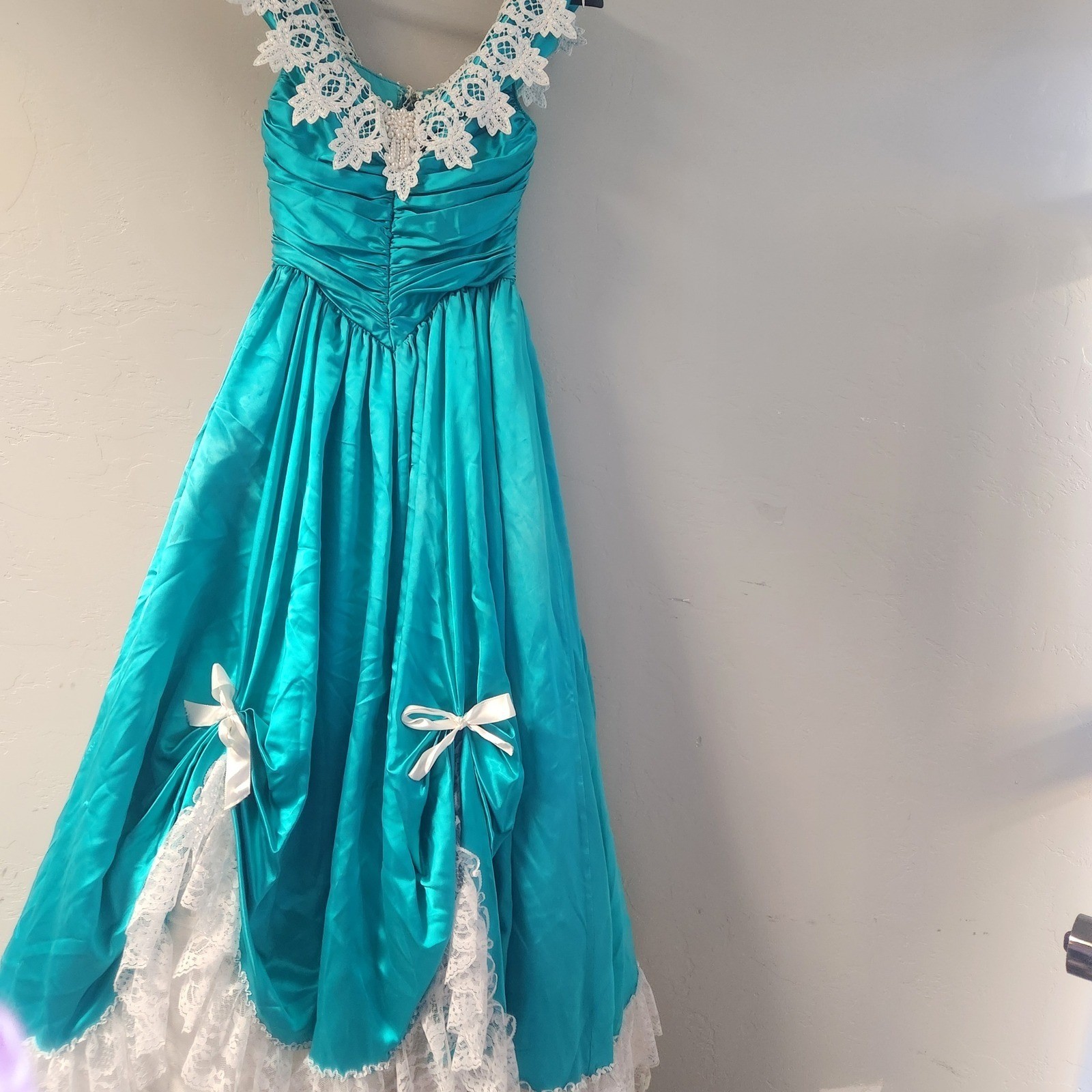 Vintage Zum Zum Teal Dress Size 3/4 Lace Trim Bows Victorian Prarie Metallic