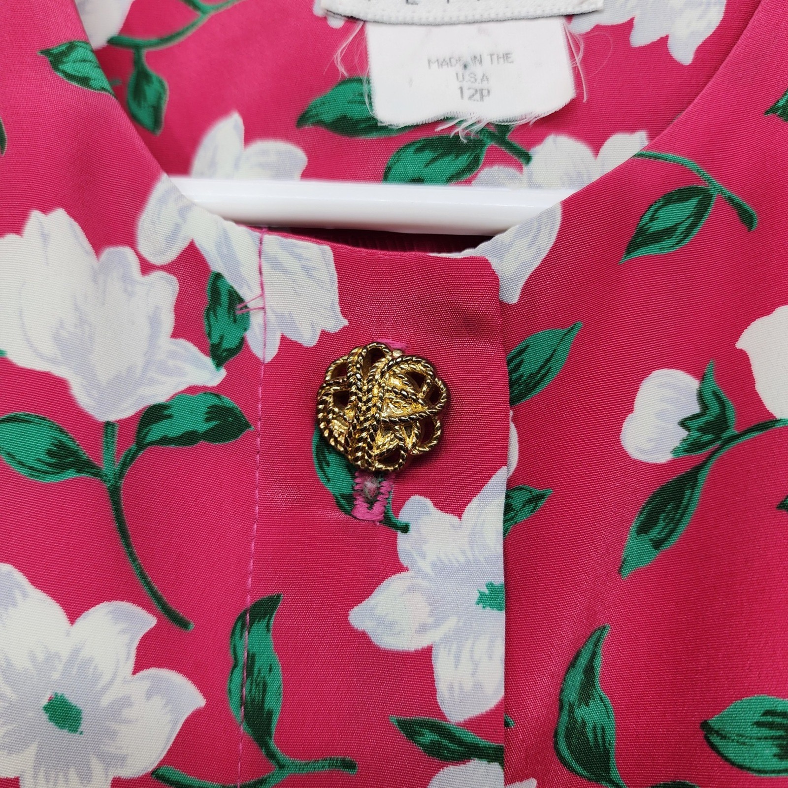 Vintage Leslie Fay Dress Womens 12P PETITE Pink White Floral Pleated Belted Midi