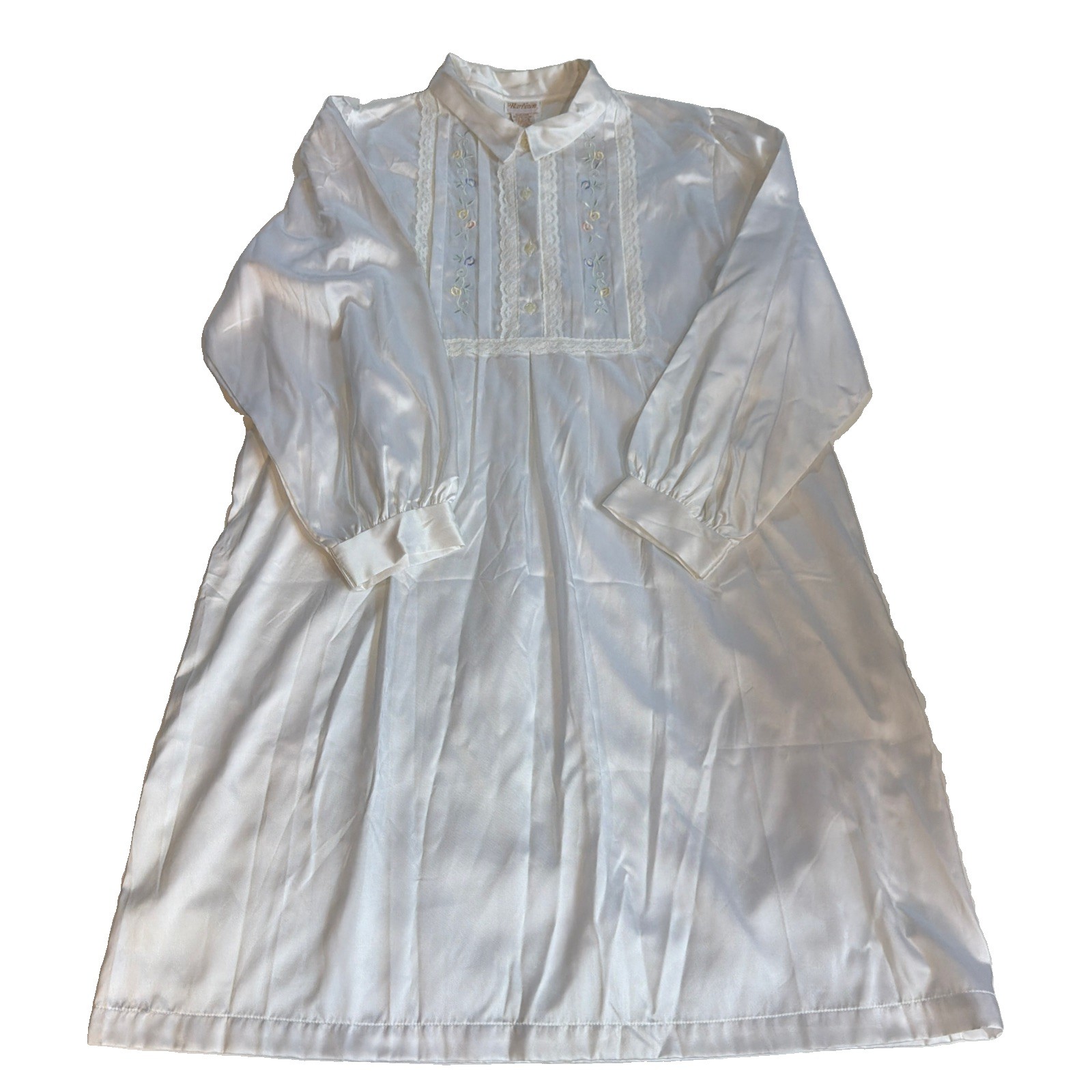 Vintage Barbizon White Satin Lace Embroidered Nightgown Long Sleeve Over knee M