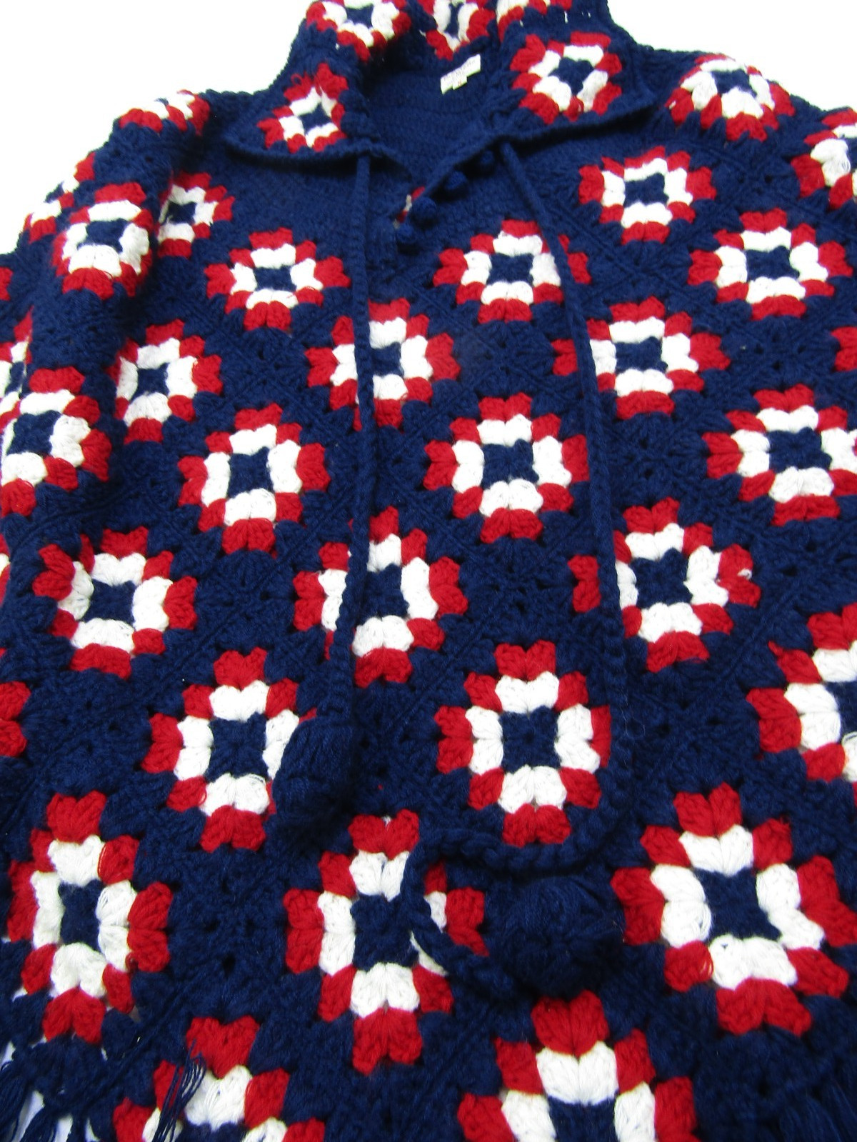 VTG Crochet Afghan Poncho Women Medium Blue Fringe Fashions South Korea Grandma