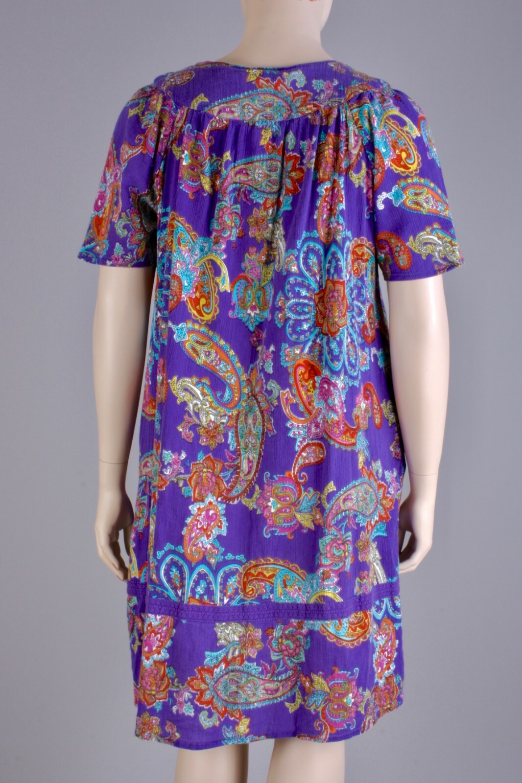 Plus sz 1X Vintage 70s Purple Paisley Hippie Mod Mini Nap Dress w Pockets