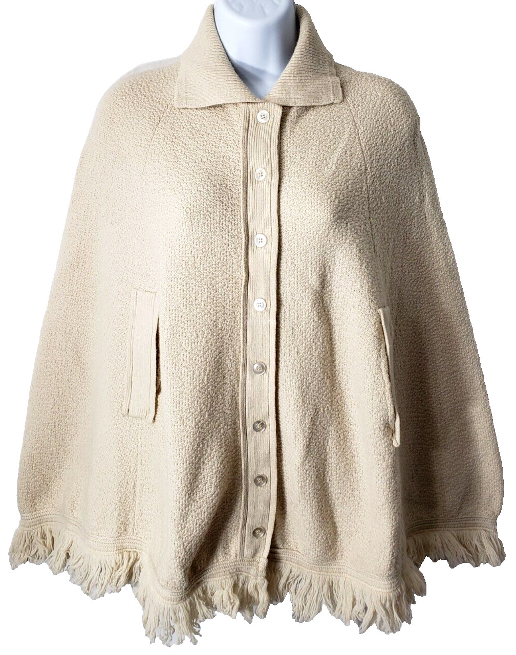 Poncho Sweater Knit Cape Top S M Capelet Hand Holes Ivory Beach Grandma Vintage