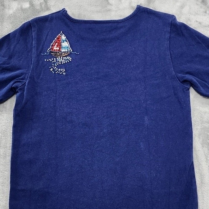 Vintage Quacker Factory Top Womens XS Blue Beaded Sequins Lighthouse Nautical