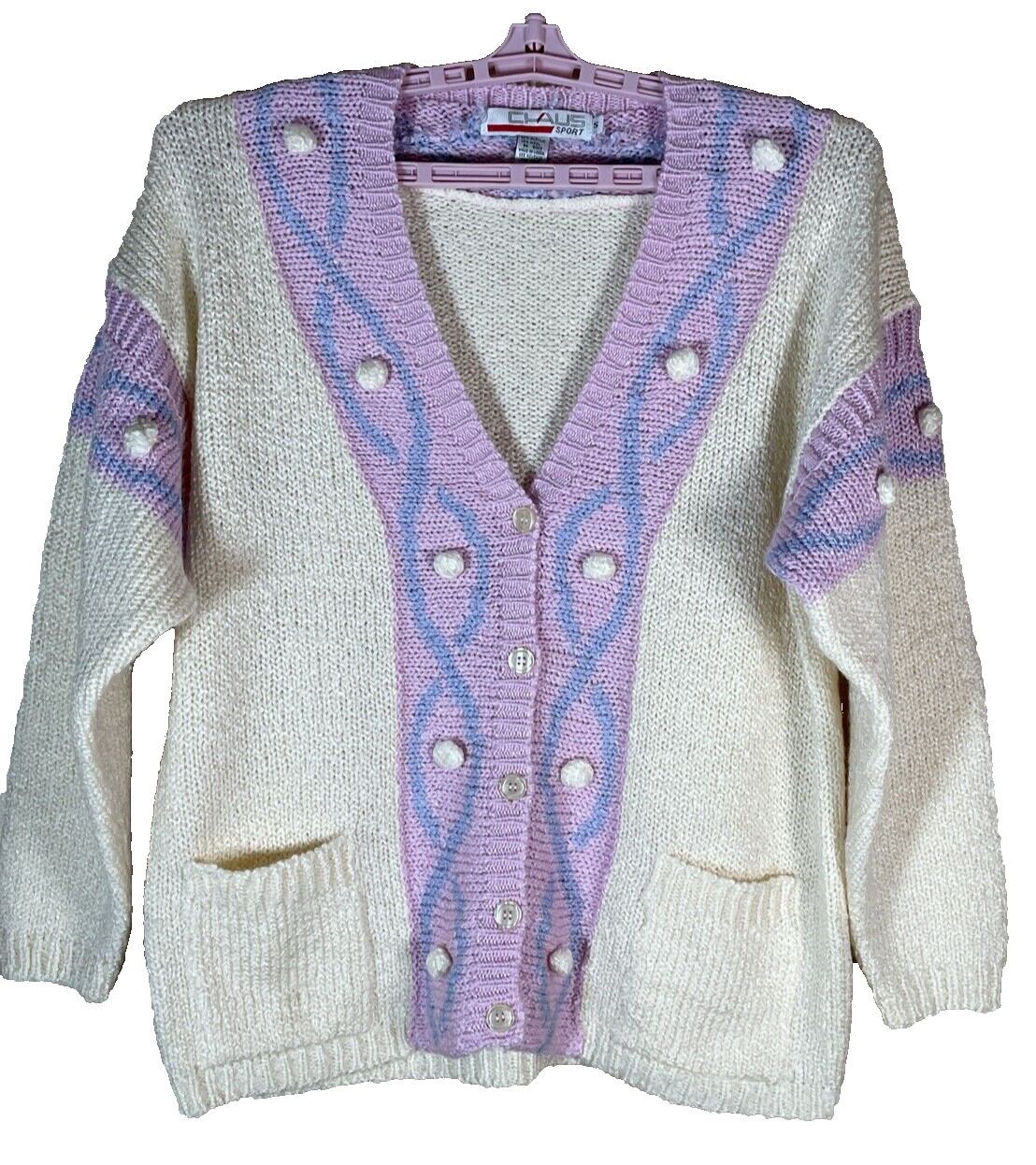 Chaus vintage 80s 90s CARDIGAN SWEATER Pastel pom poms C-44″ Pockets Wool Blend