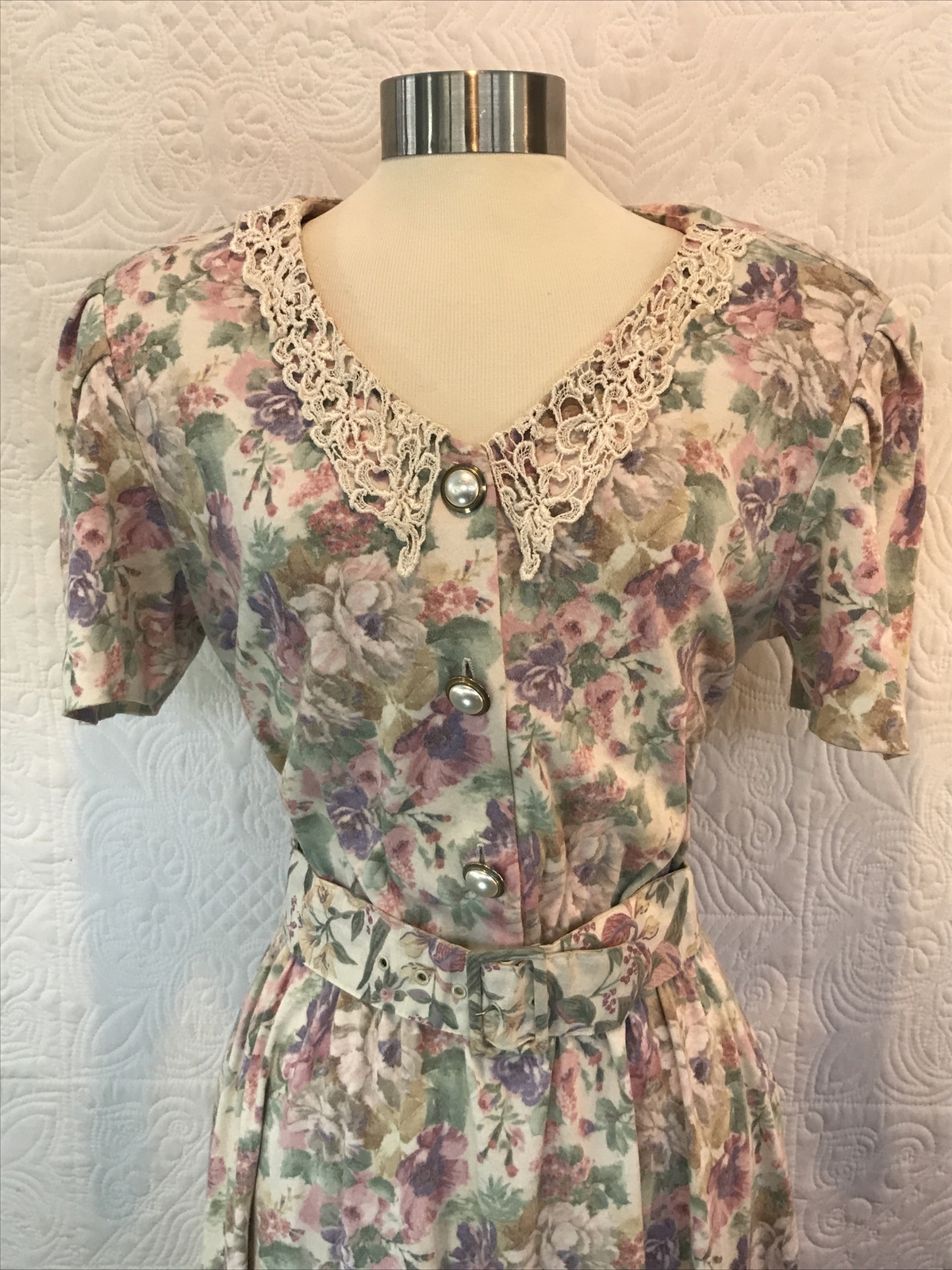 Vintage Champagne West Grannycore pearl button lace floral dress sz 12