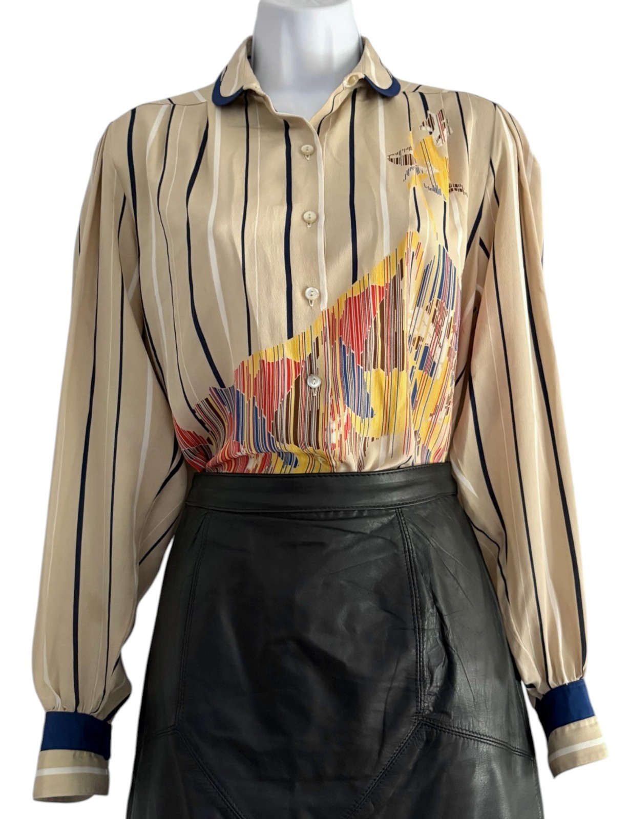 Serge Nancel Paris Vintage 100% Silk Smocked Blouse Tan Peter Pan Collar Sz M/L