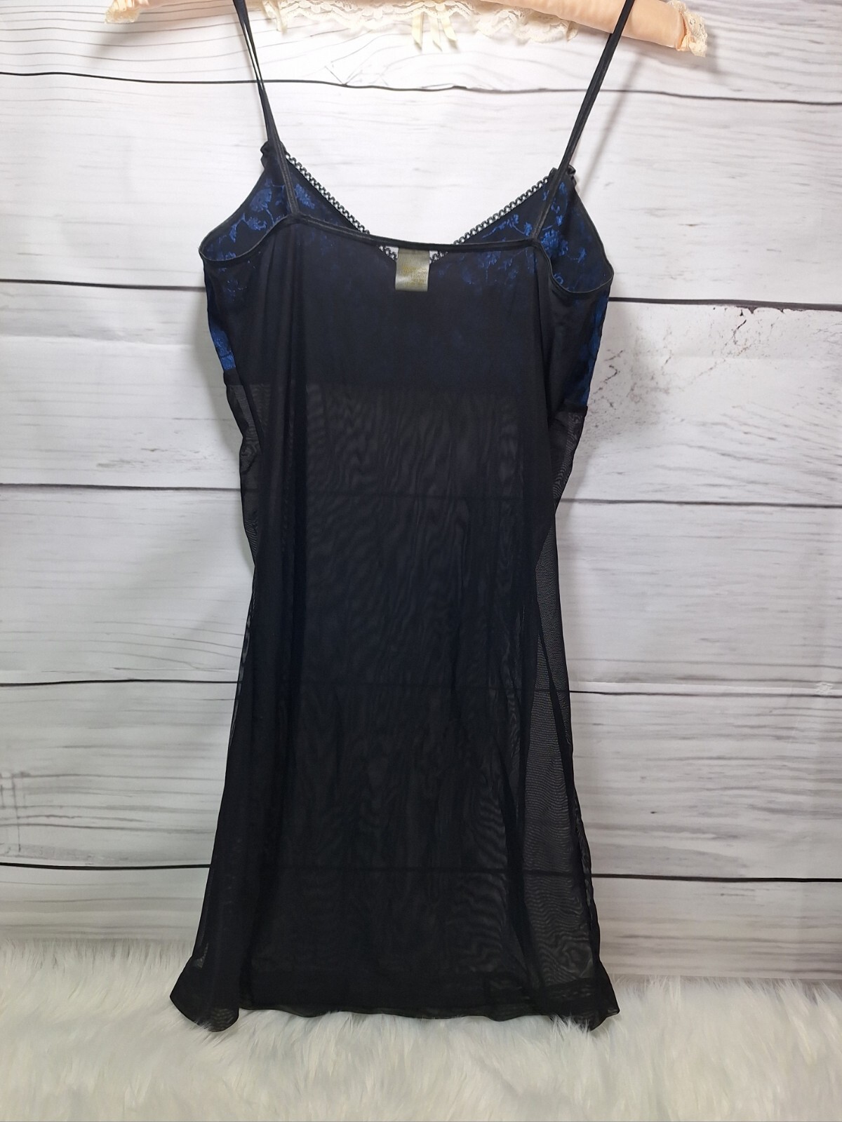Vintage Blue & Black Lingerie Nightie Negligee with Spaghetti Straps, Size M/6