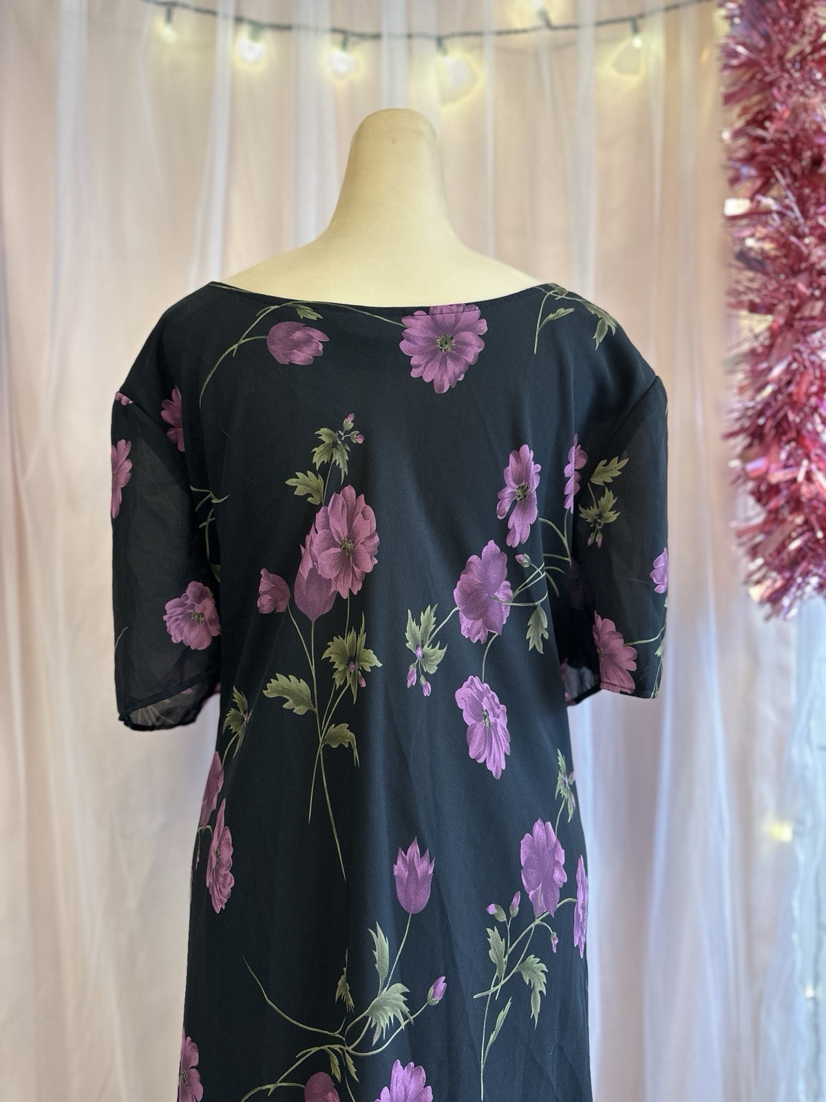 Vintage 90s Floral Print Maxi Dress Black Purple Flowy Boho Plus Size 3X