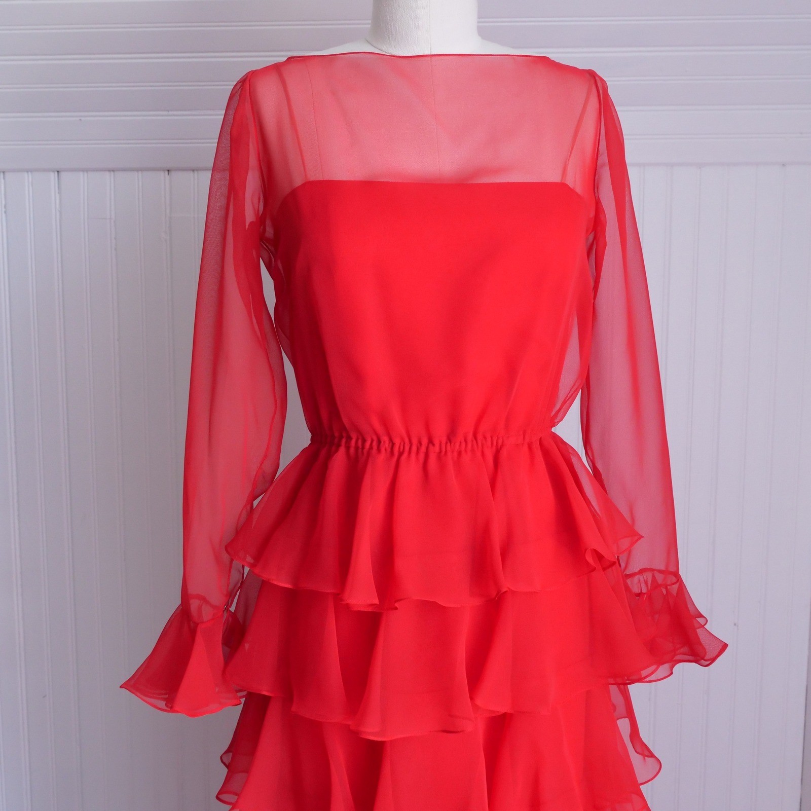 Stunning rare vintage 70s Jill Richards red chiffon ruffle maxi dress gown