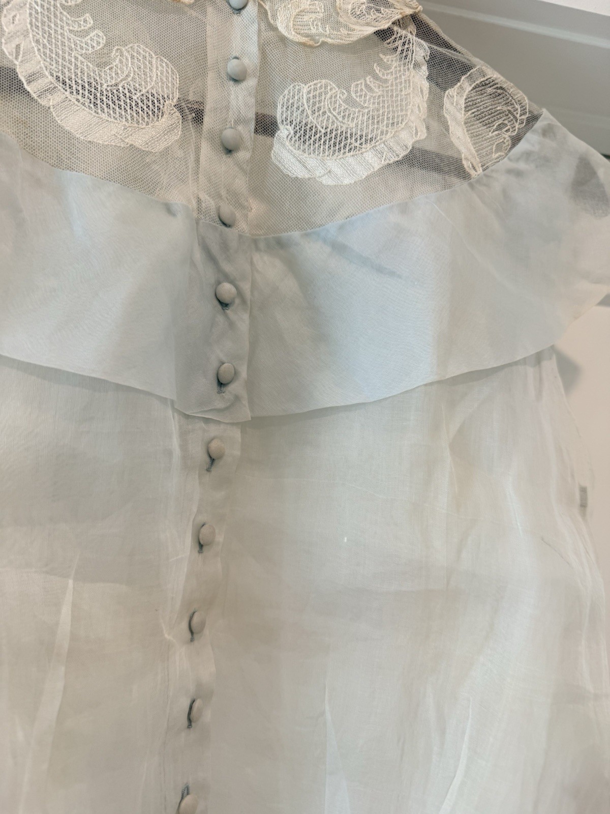 Vintage 1930s Sheer Blue Organdy Blouse Embroidered Lace Ruffle Collar Art Deco