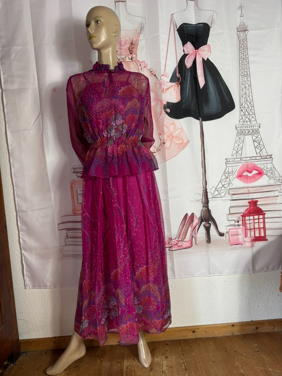 Vera Mont Vintage 70s Chiffon Maxi Dress Two Piece Pink Boho Size 32/34