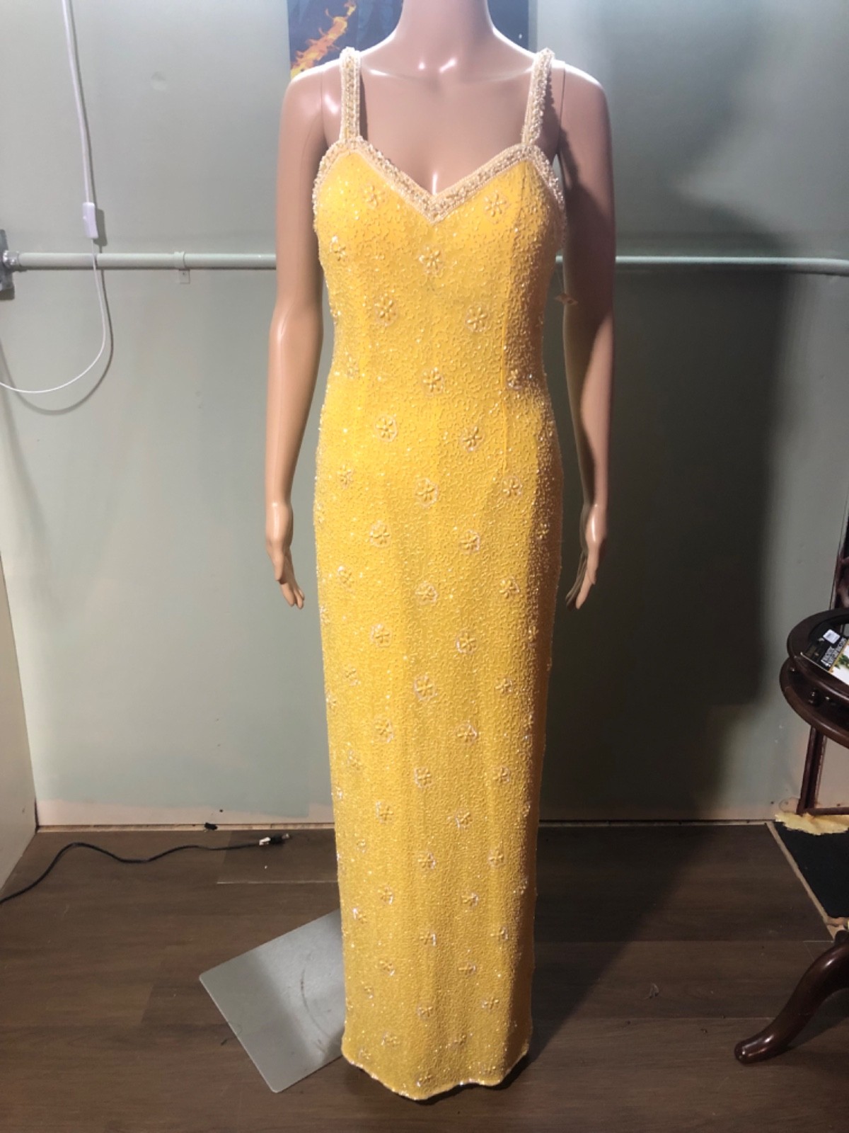 VTG 90s Niki’s Touch Hand Beaded Yellow Silk Formal Prom Maxi Dress Gown Small