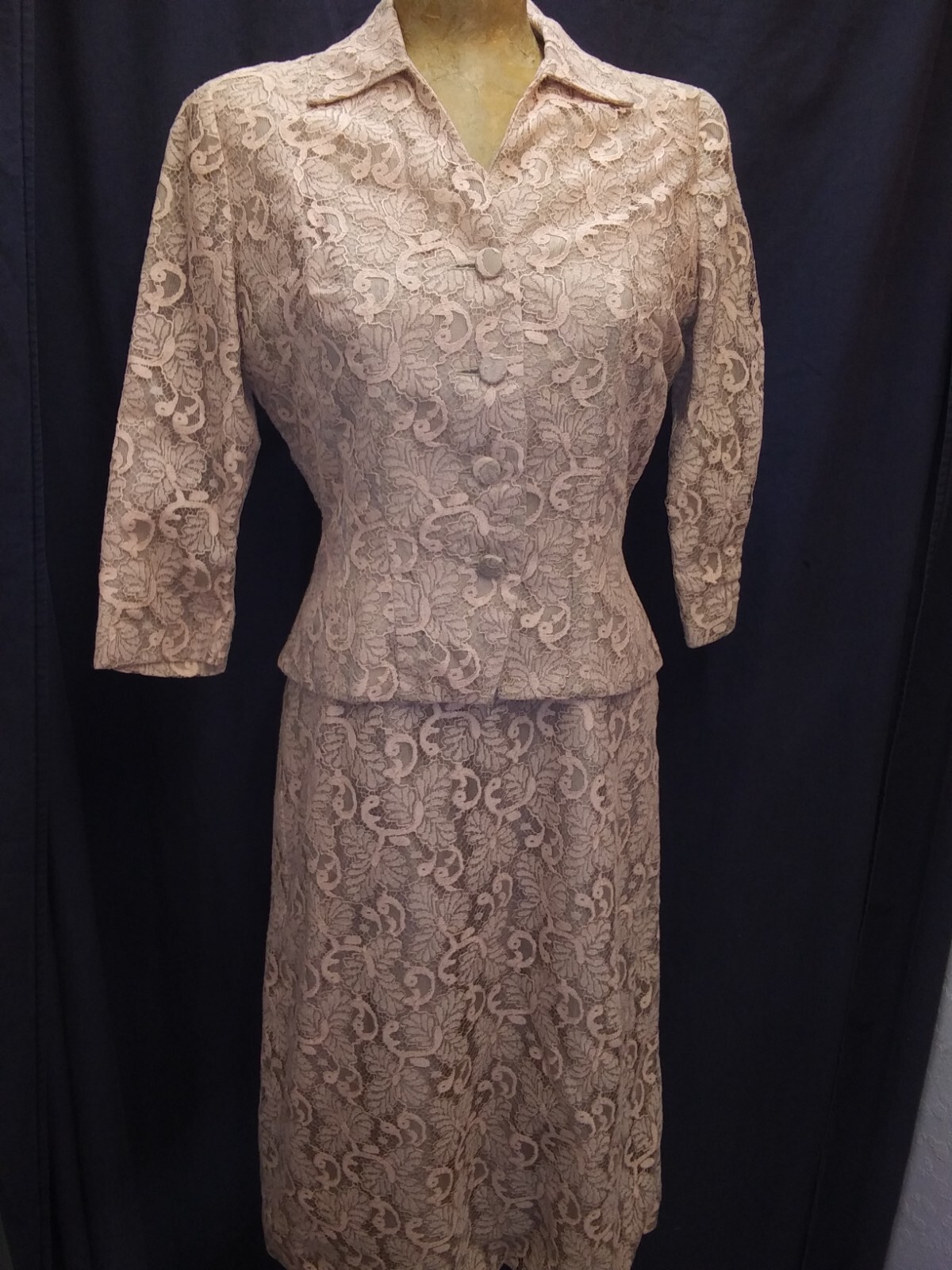Vintage 1950’s Tan Peach Lace Dress & Jacket Set A Melody Dress M